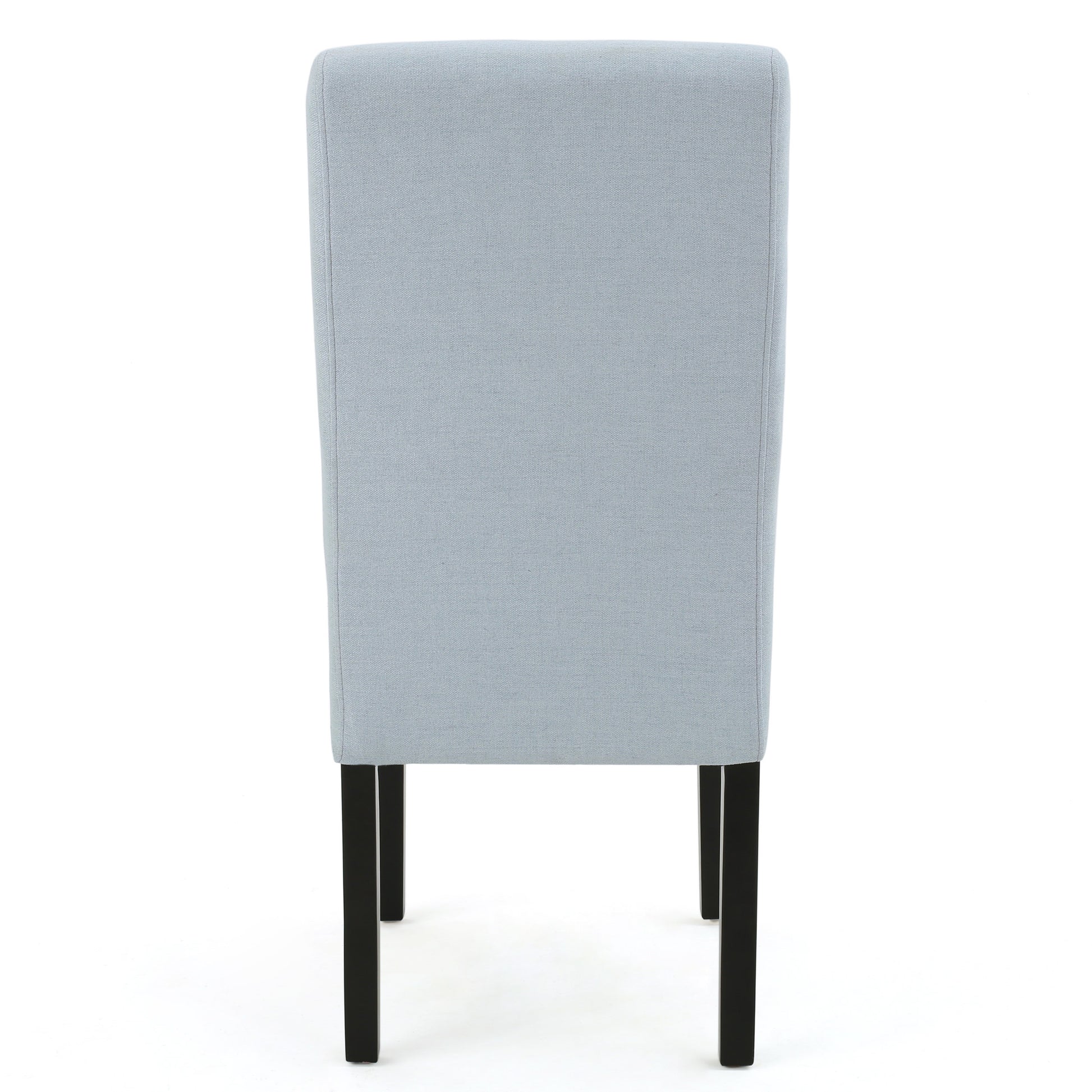 Light blue upholstered dining chair with tufted back and dark wood legs