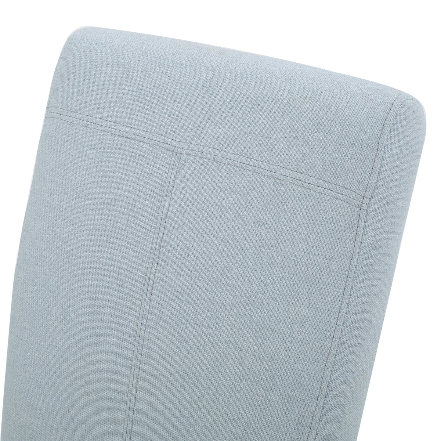 Closeup of a light blue fabric chair back with detailed stitching for modern elegance