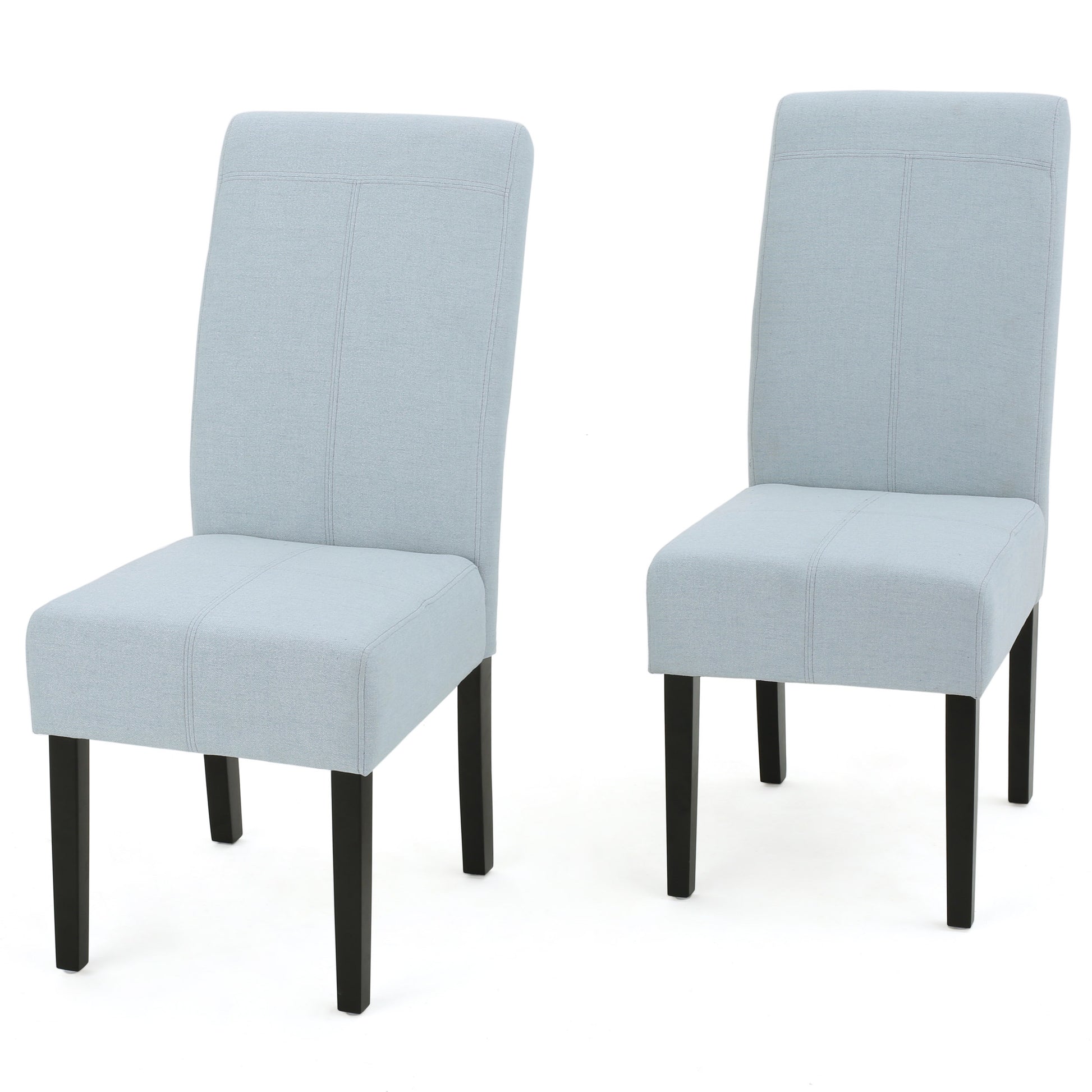 Light blue fabric upholstered dining chair with dark wood legs