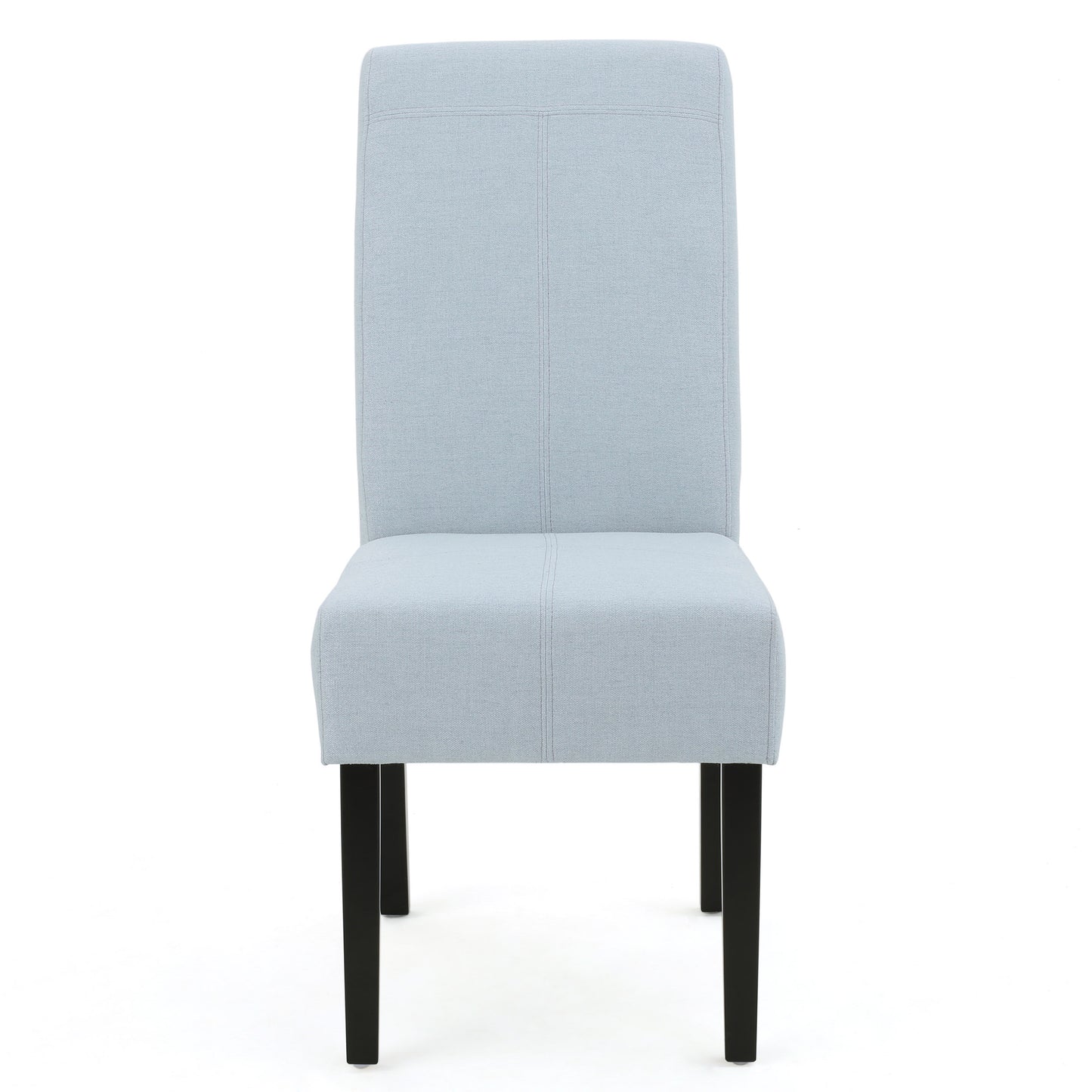 Light blue upholstered dining chair with stitched back detail and dark wooden legs