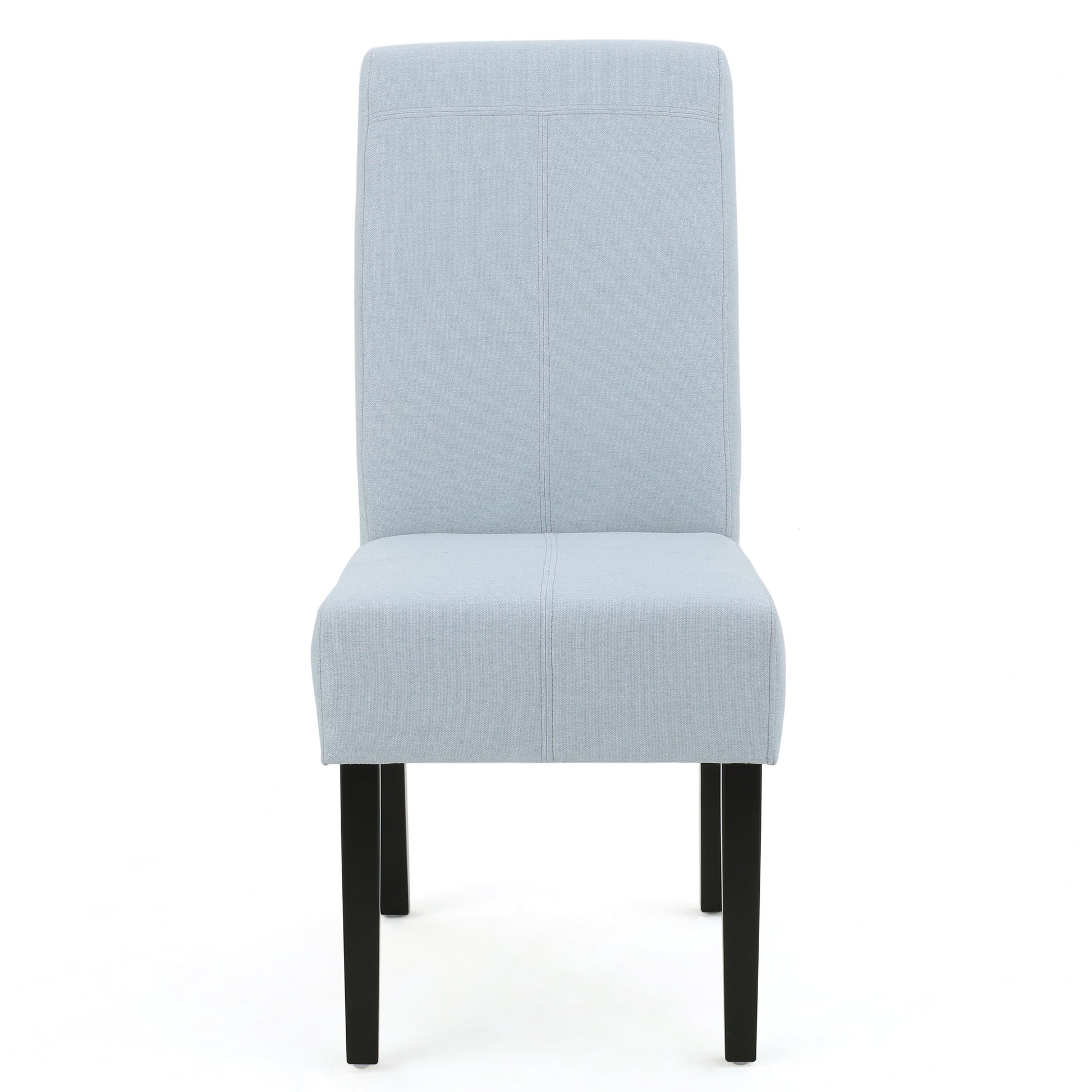 Light blue upholstered dining chair with stitched back detail and dark wooden legs