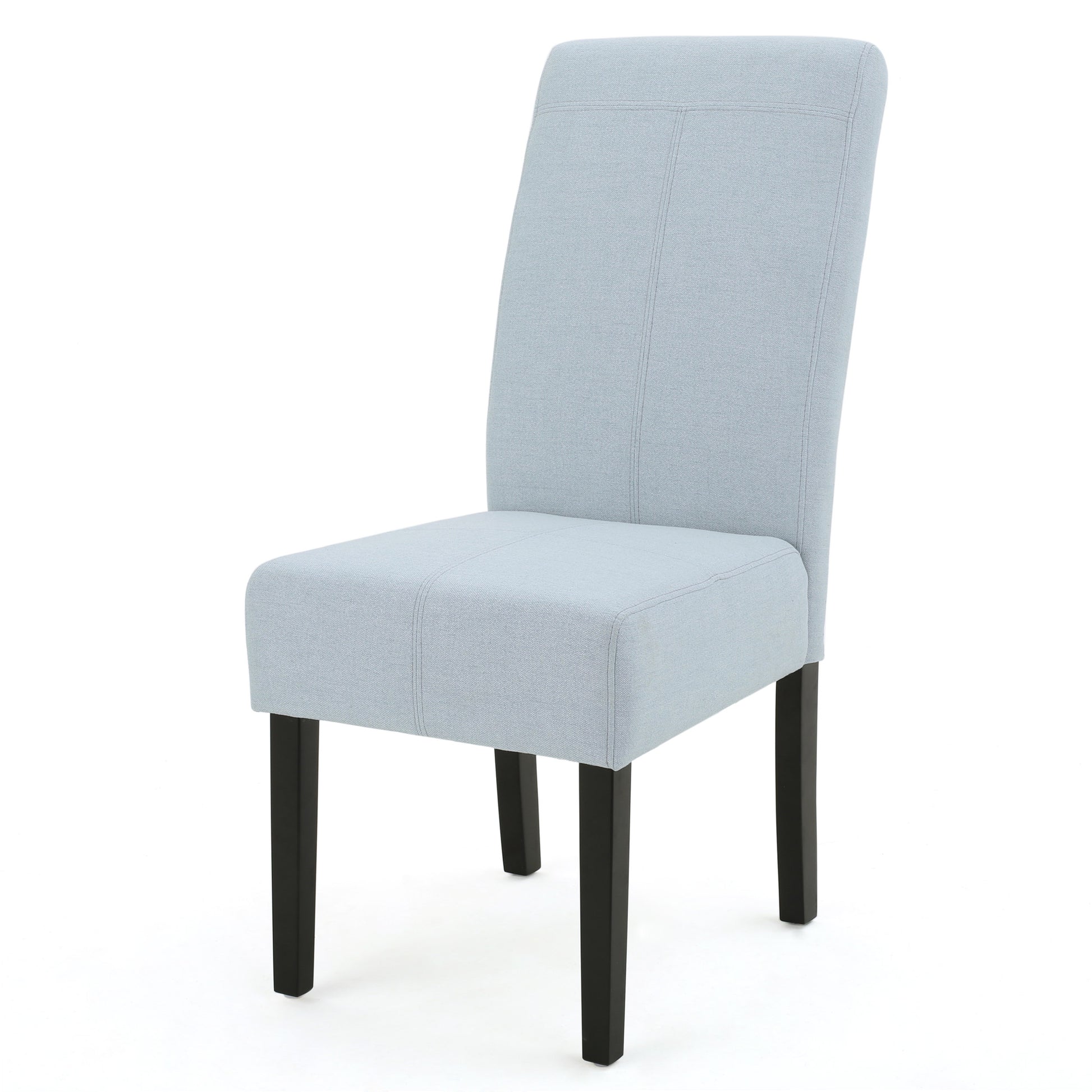 Light blue upholstered dining chair with dark wood legs