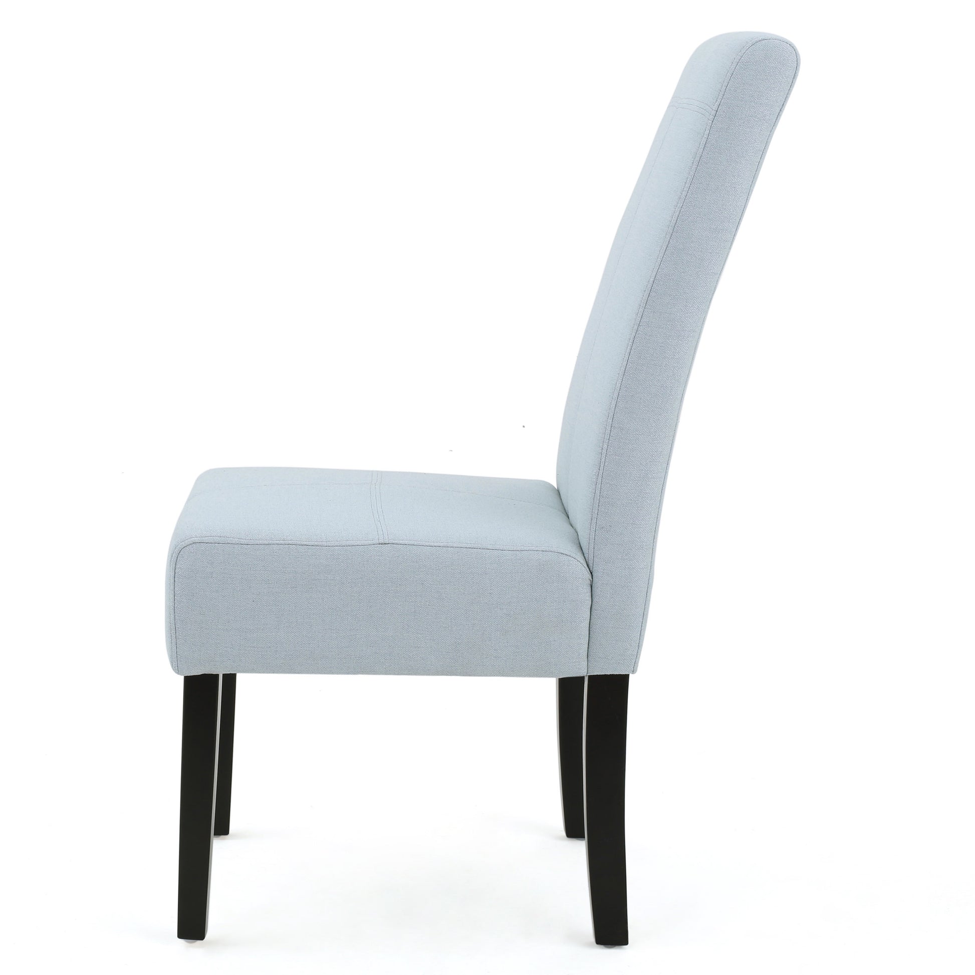 Light blue upholstered dining chair with dark wooden legs midcentury modern style