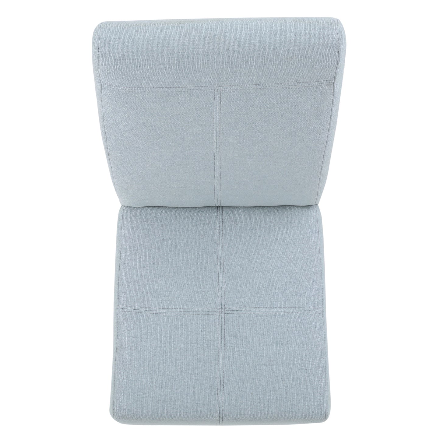 Light blue upholstered dining chair with stitched detailing
