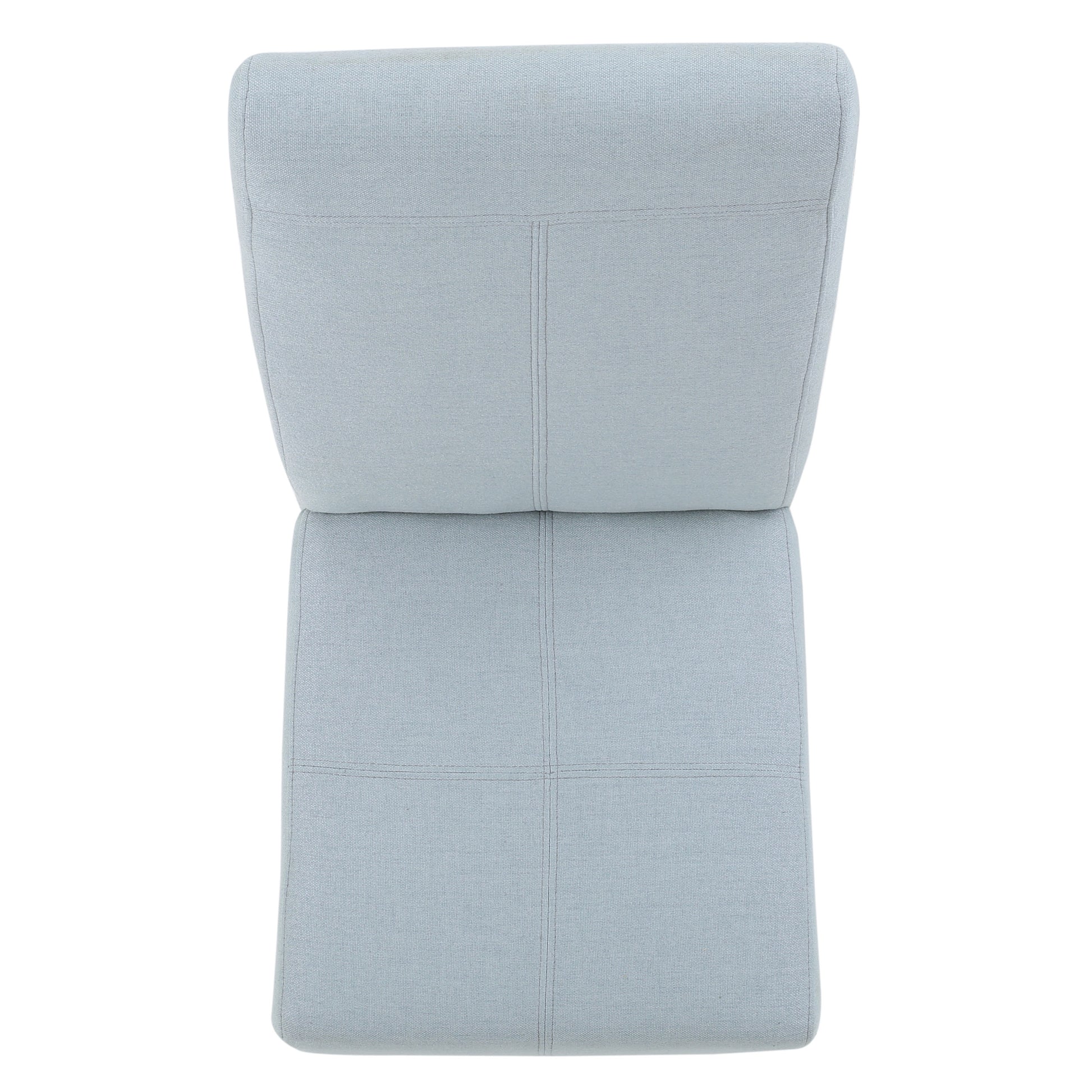 Light blue upholstered dining chair with stitched detailing