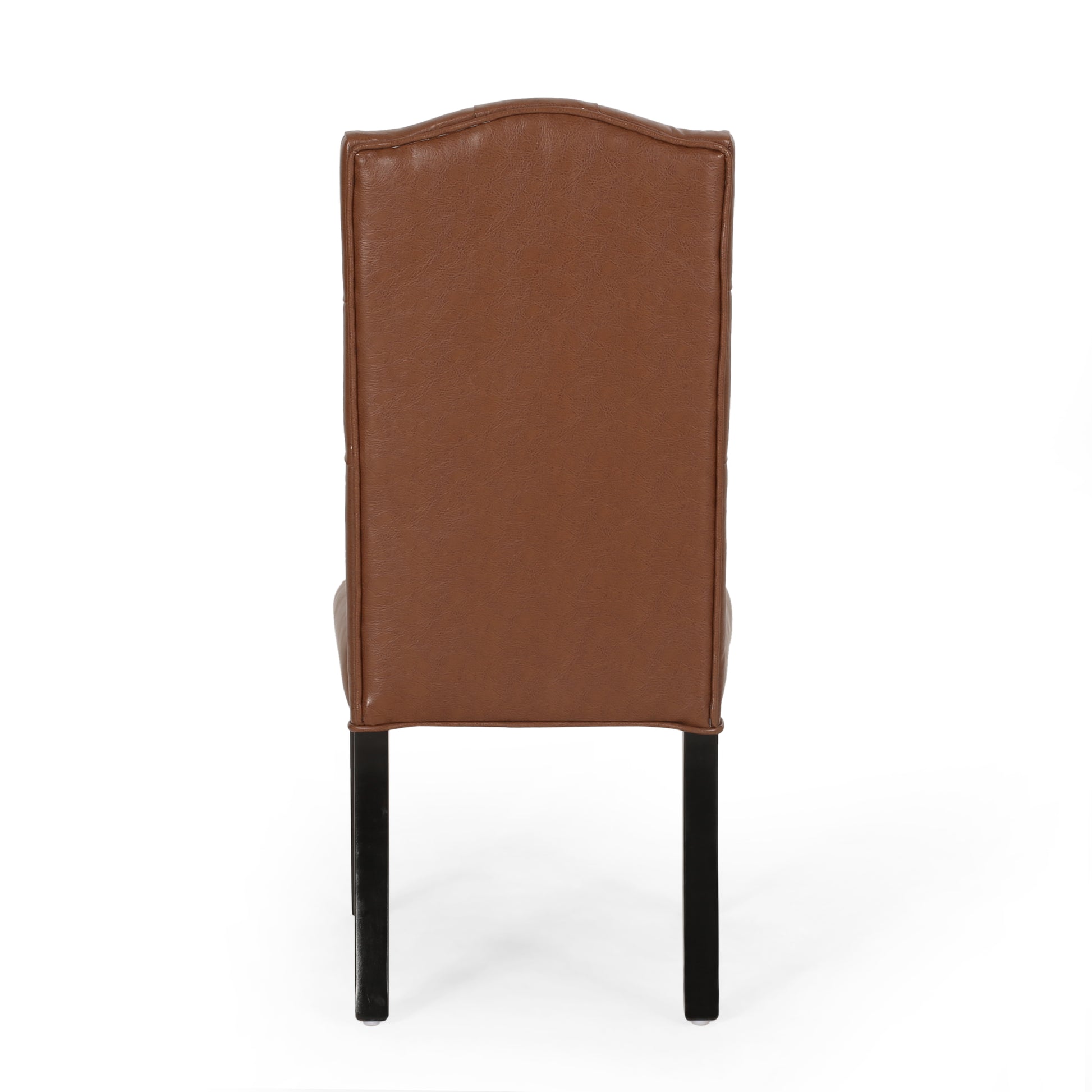 Back view of a brown faux leather dining chair with tufted back and black legs