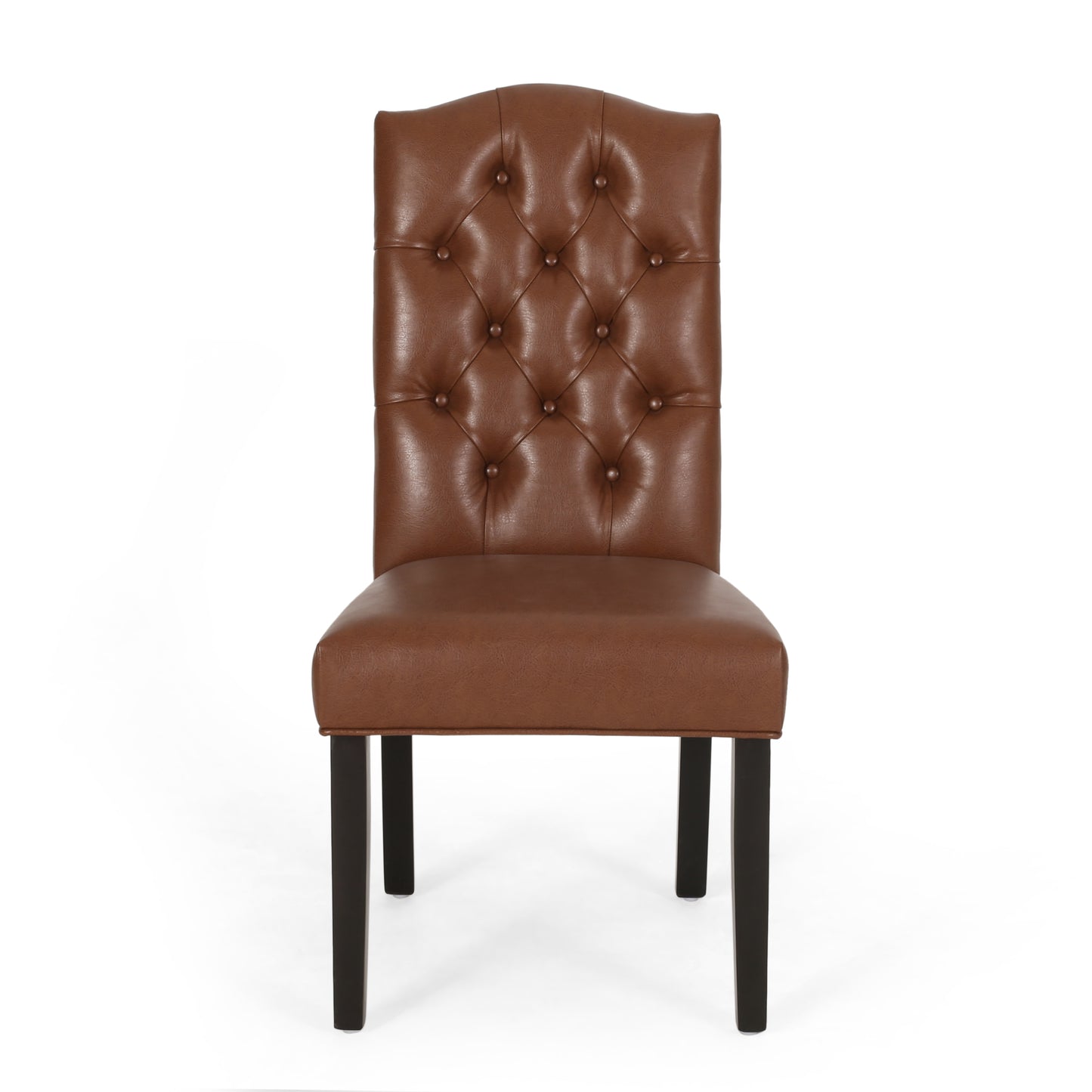 Brown tufted faux leather dining chair with curved back and dark wooden legs