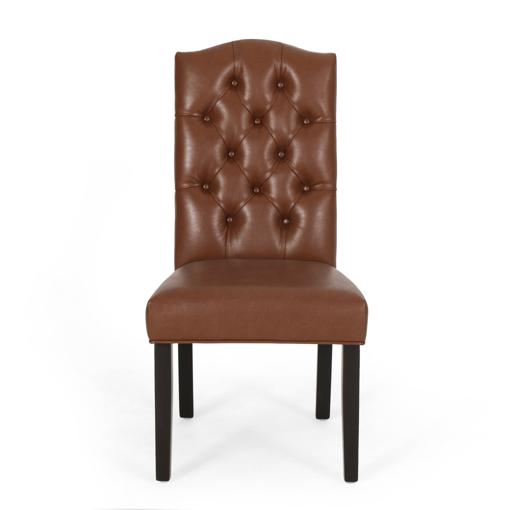 Brown tufted faux leather dining chair with curved back and dark wooden legs