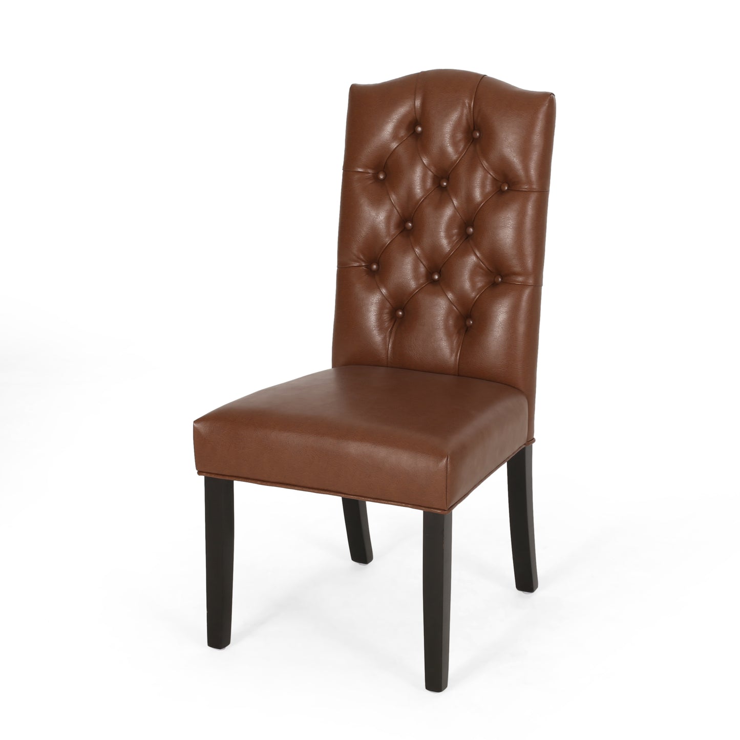 Tufted brown faux leather dining chair with dark wooden legs