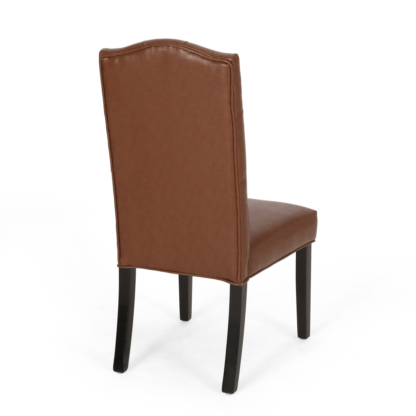 Elegant brown leather dining chair with a curved backrest and dark wood legs