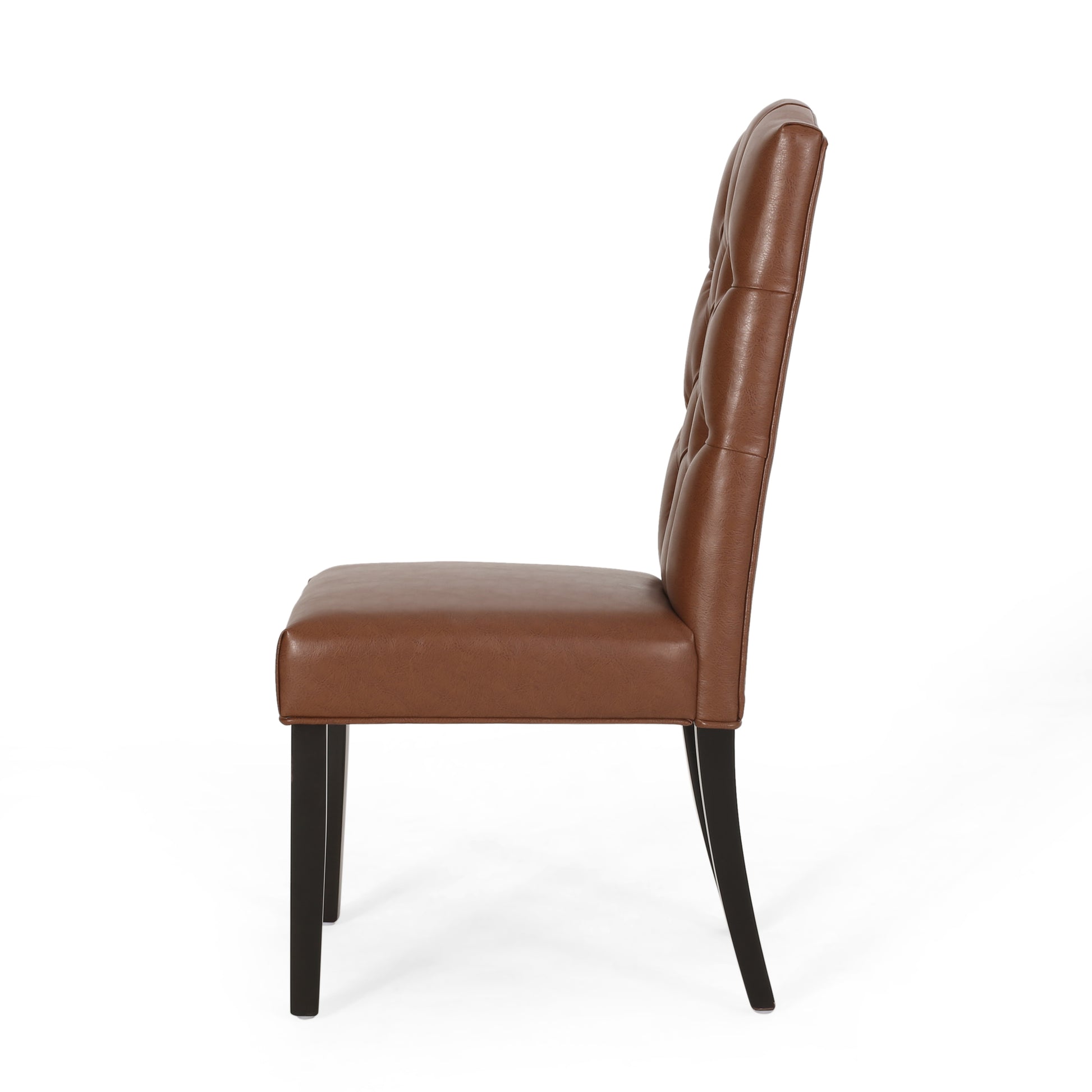 Brown tufted upholstered dining chair with dark wood legs