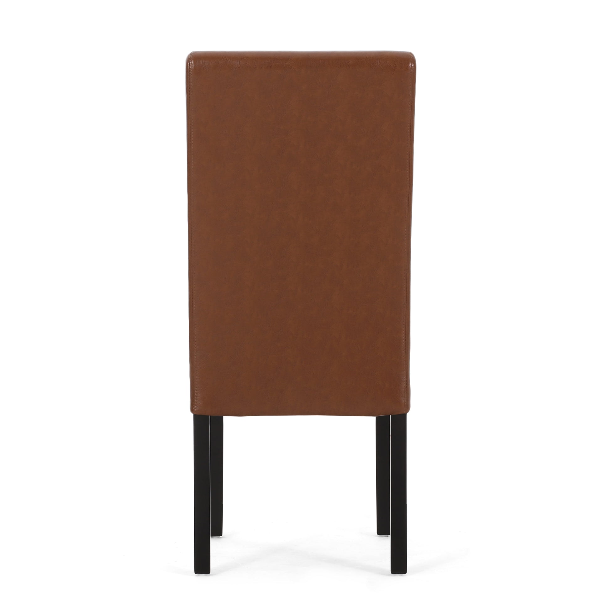 Brown faux leather dining chair with tall back and black legs