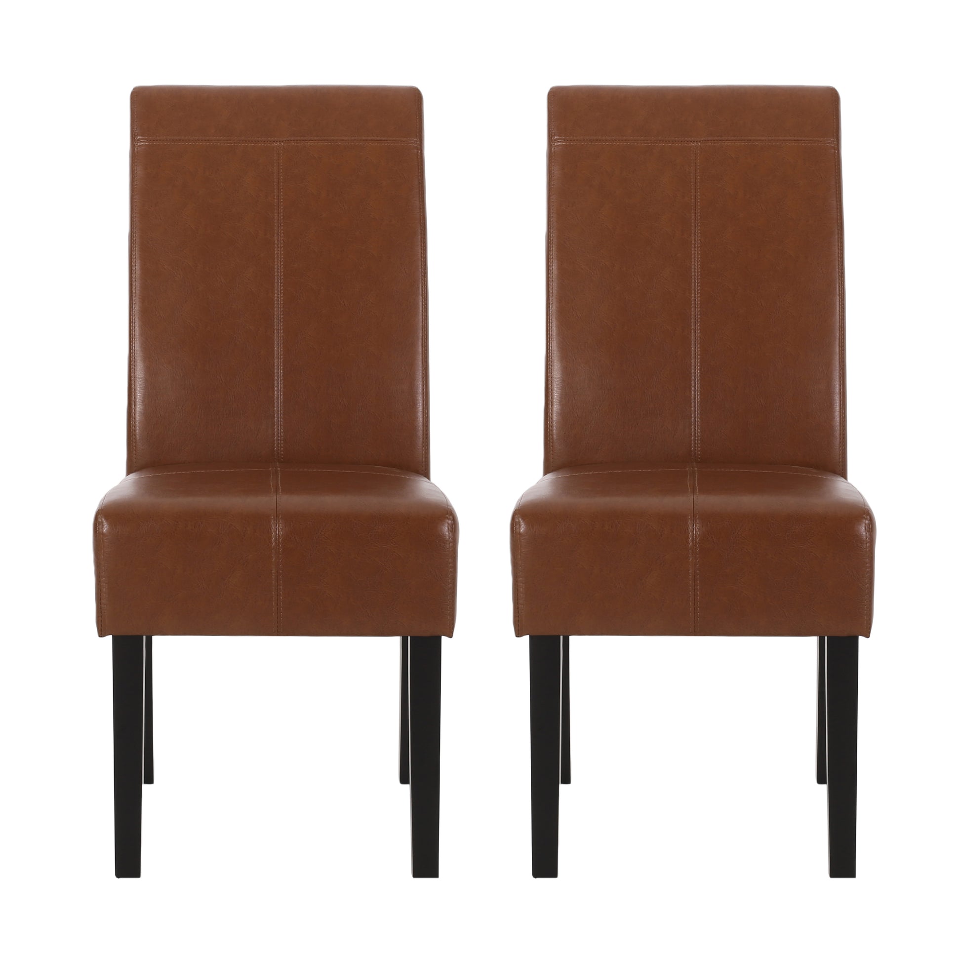 Two brown faux leather dining chairs with stitch detail and black legs