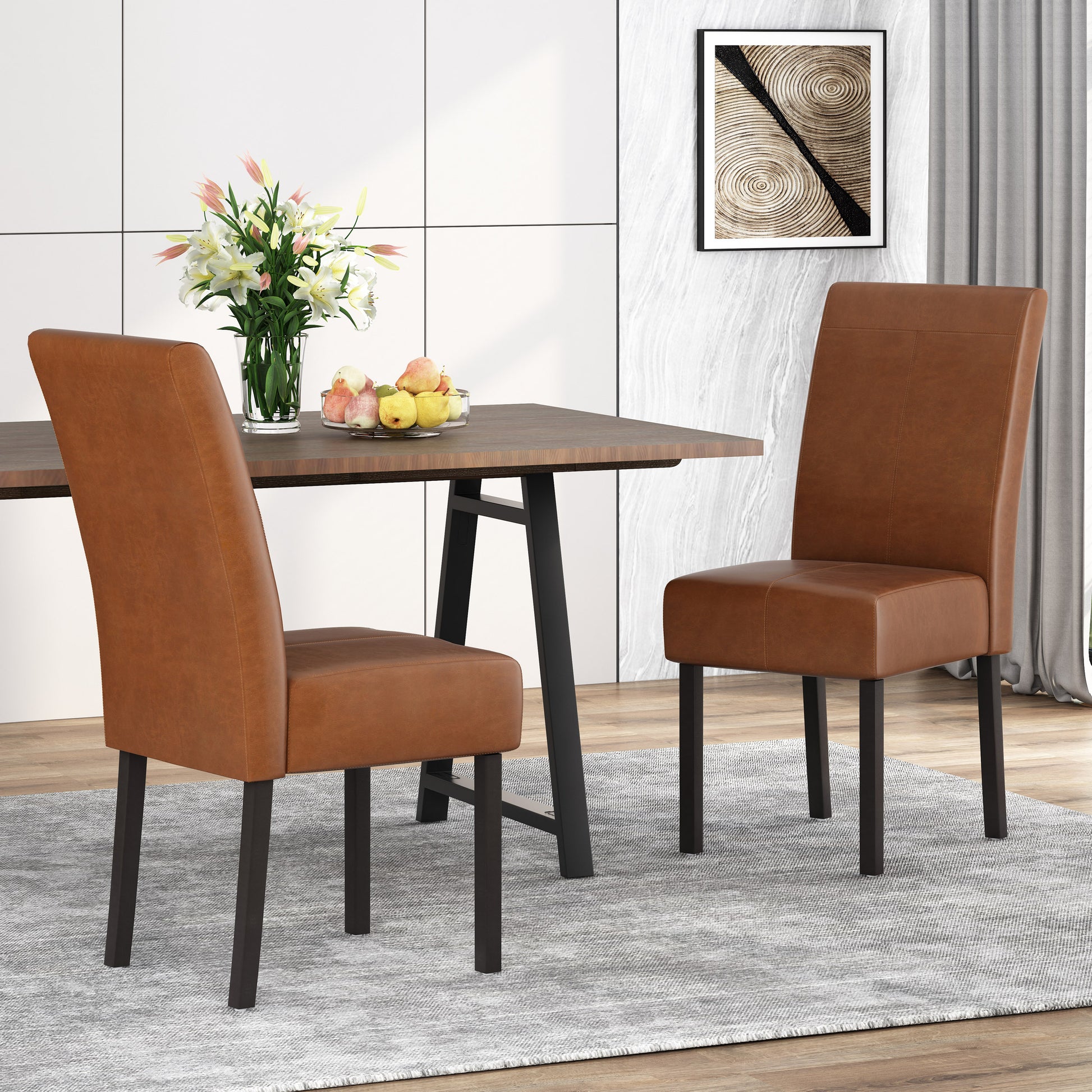 Brown leather dining chair with tapered dark wood legs and stitched detailing