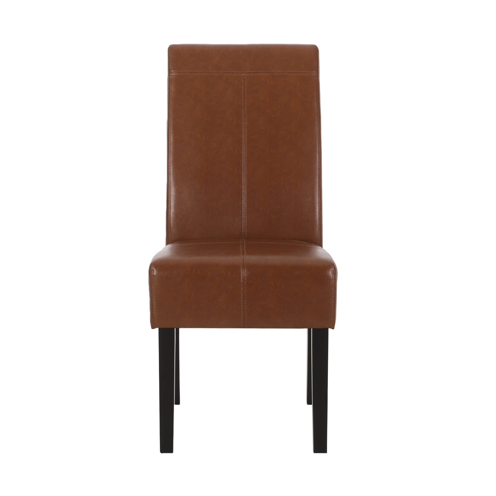 Brown faux leather dining chair with stitched details and dark wooden legs