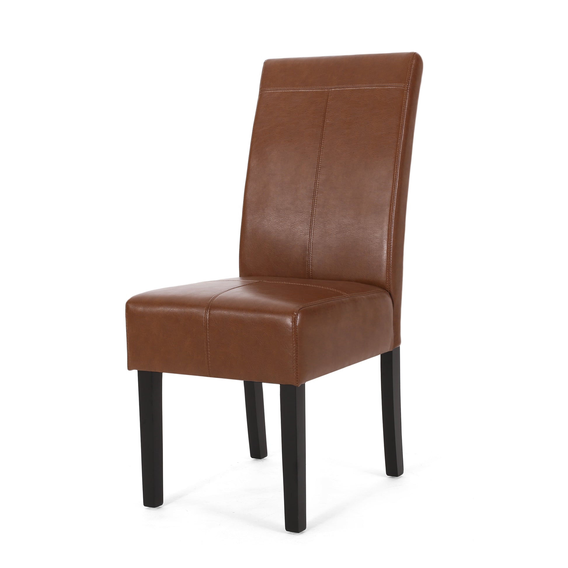 Brown faux leather dining chair with stitched detailing and black legs