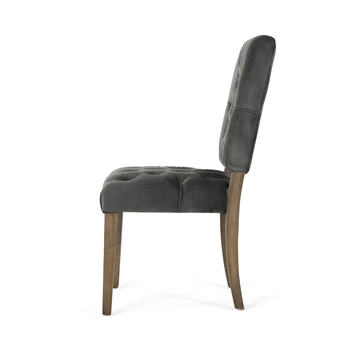 Dark grey velvet dining chair with tufted seat and wooden legs