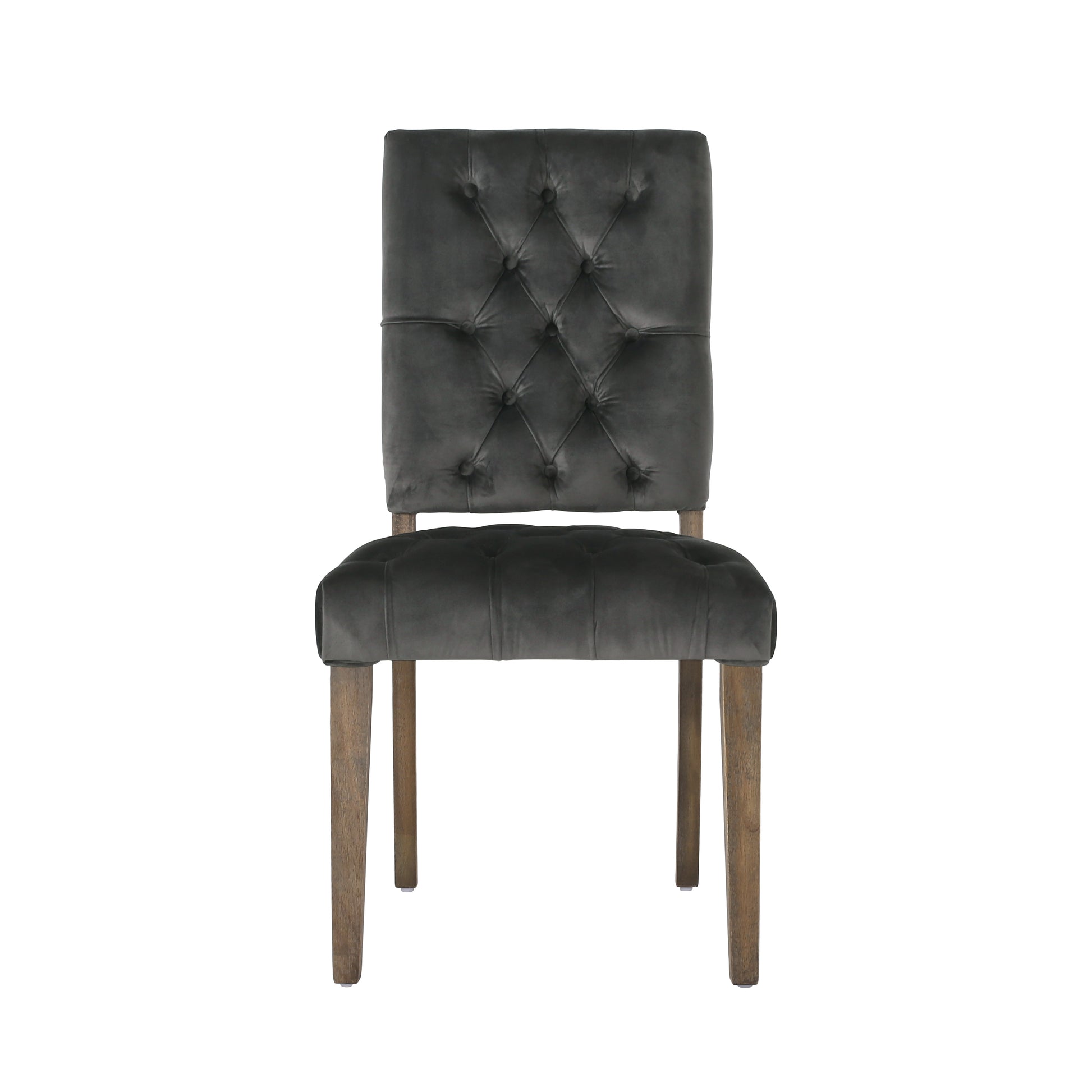 Charcoal grey velvet dining chair with tufted back and dark wood legs