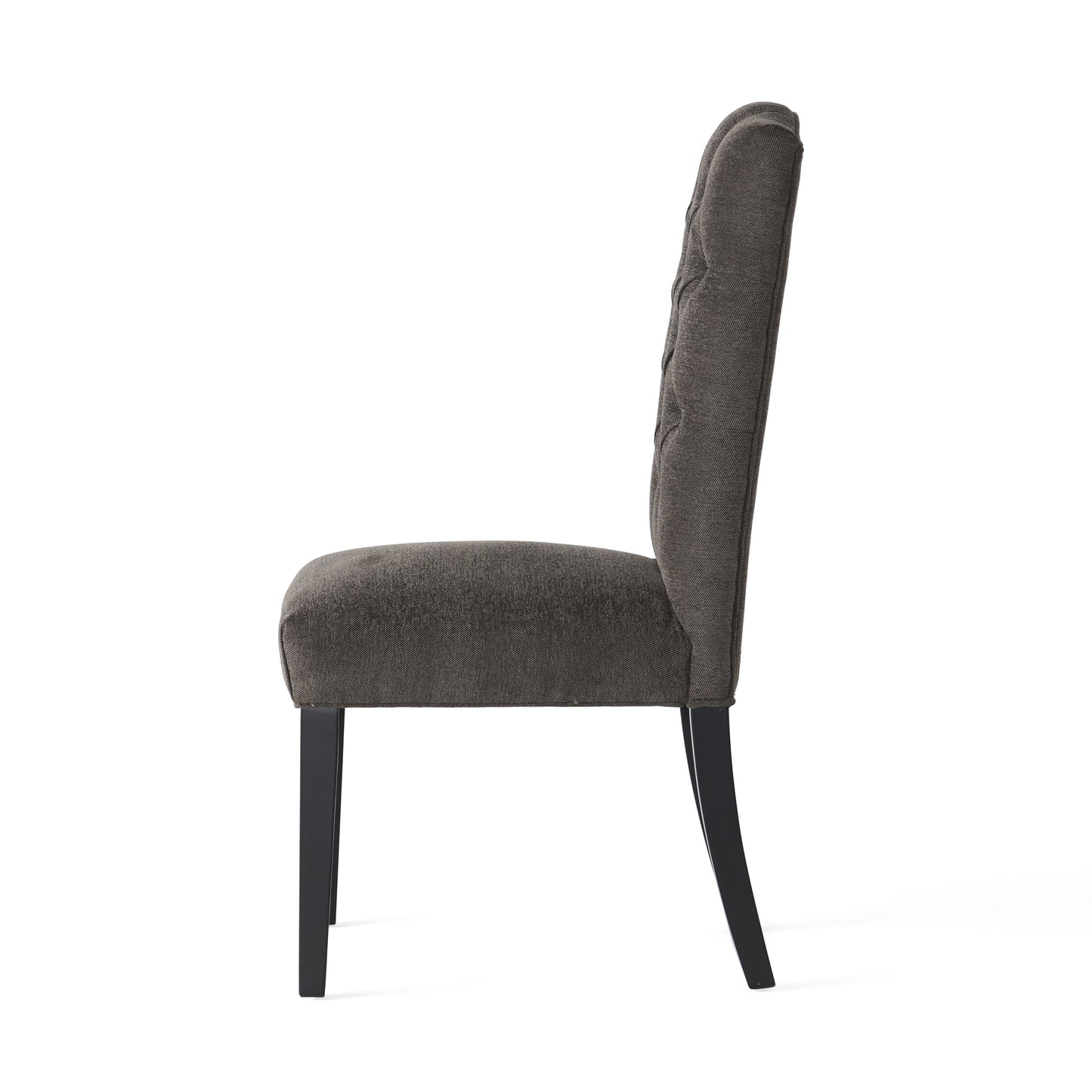 Tufted back dining chair in dark gray fabric with espresso wooden legs