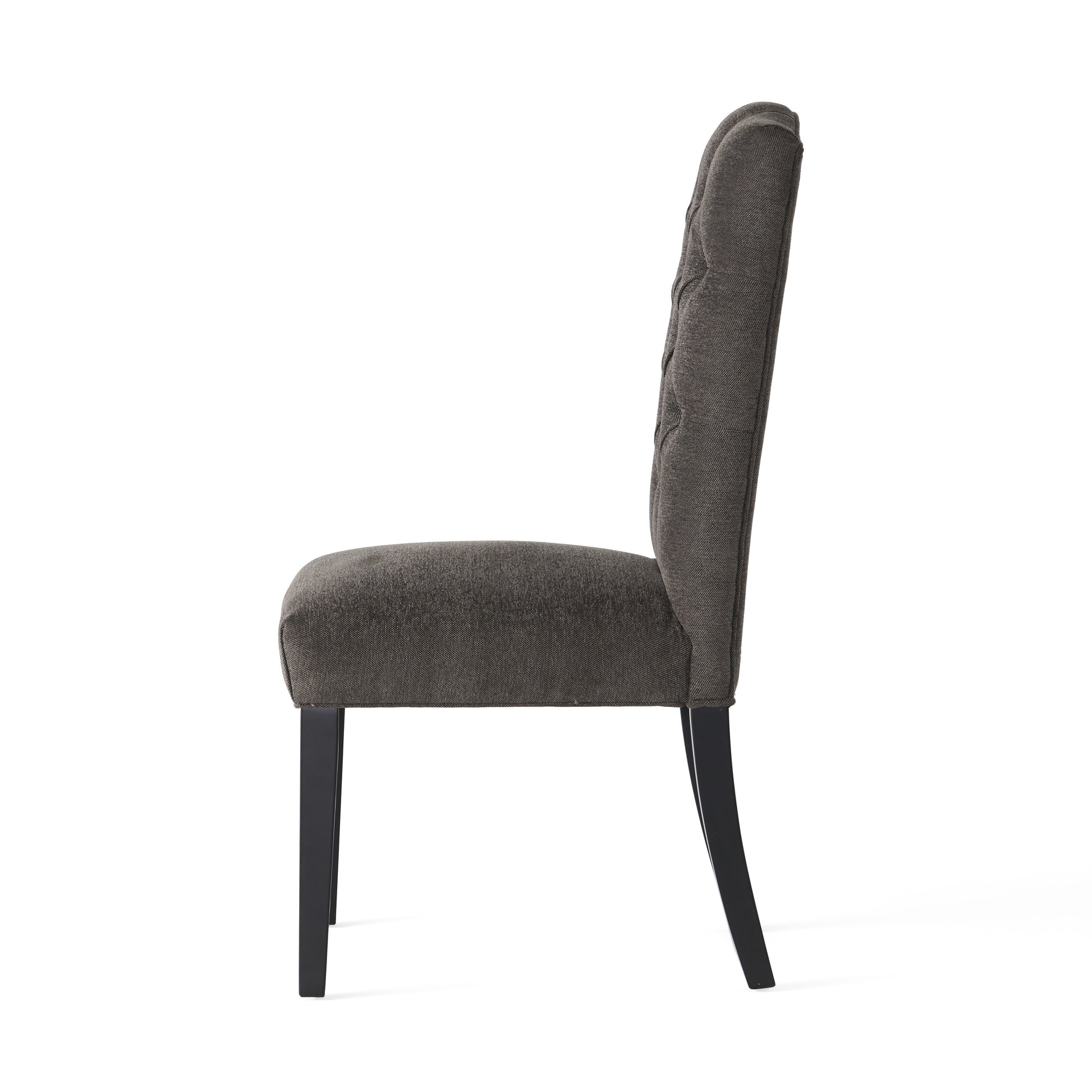 Tufted back dining chair in dark gray fabric with espresso wooden legs