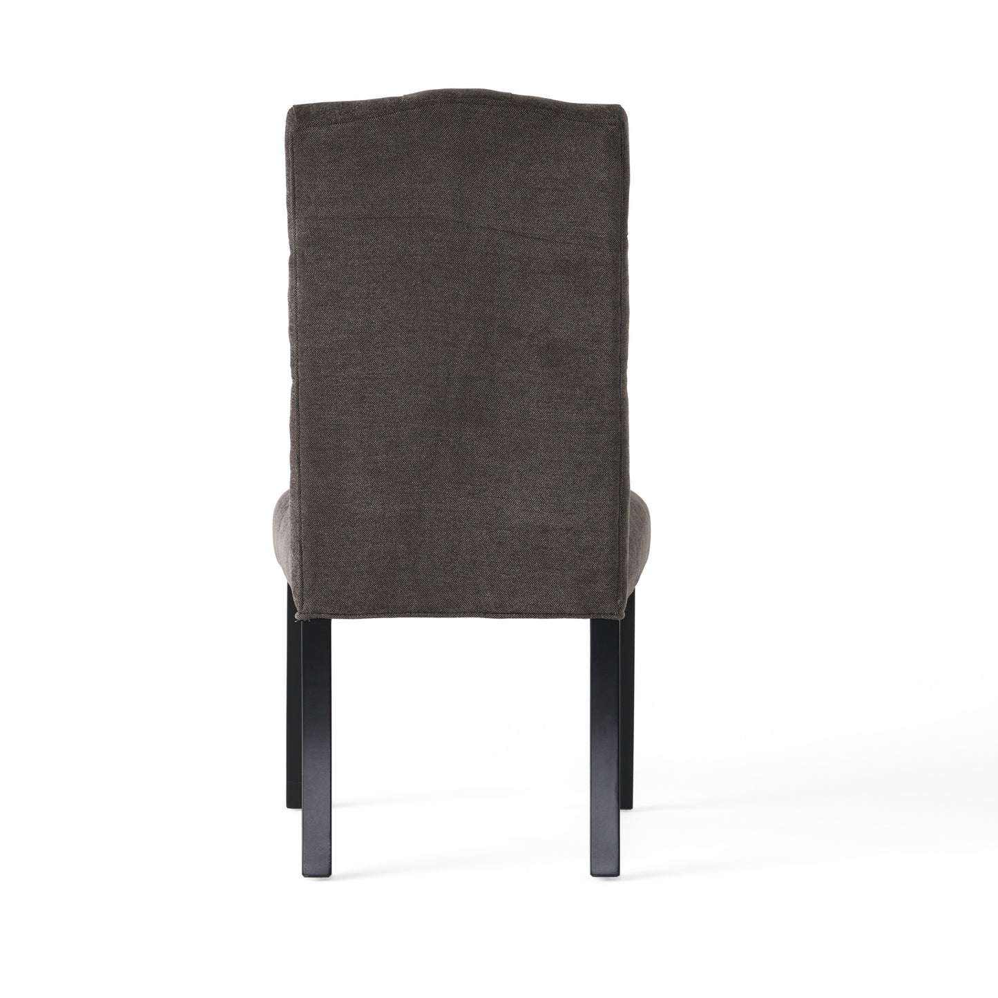 Dark gray upholstered dining chair with a curved back and black wooden legs