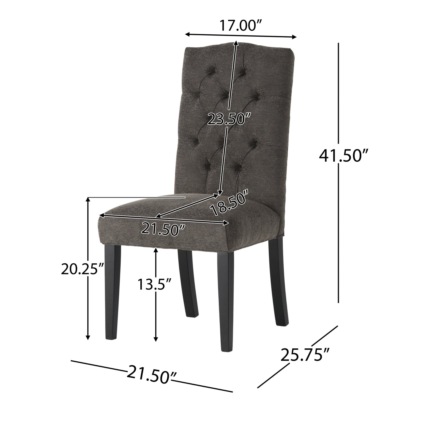 Tufted charcoal fabric dining chair with elegant button details and dark wood legs