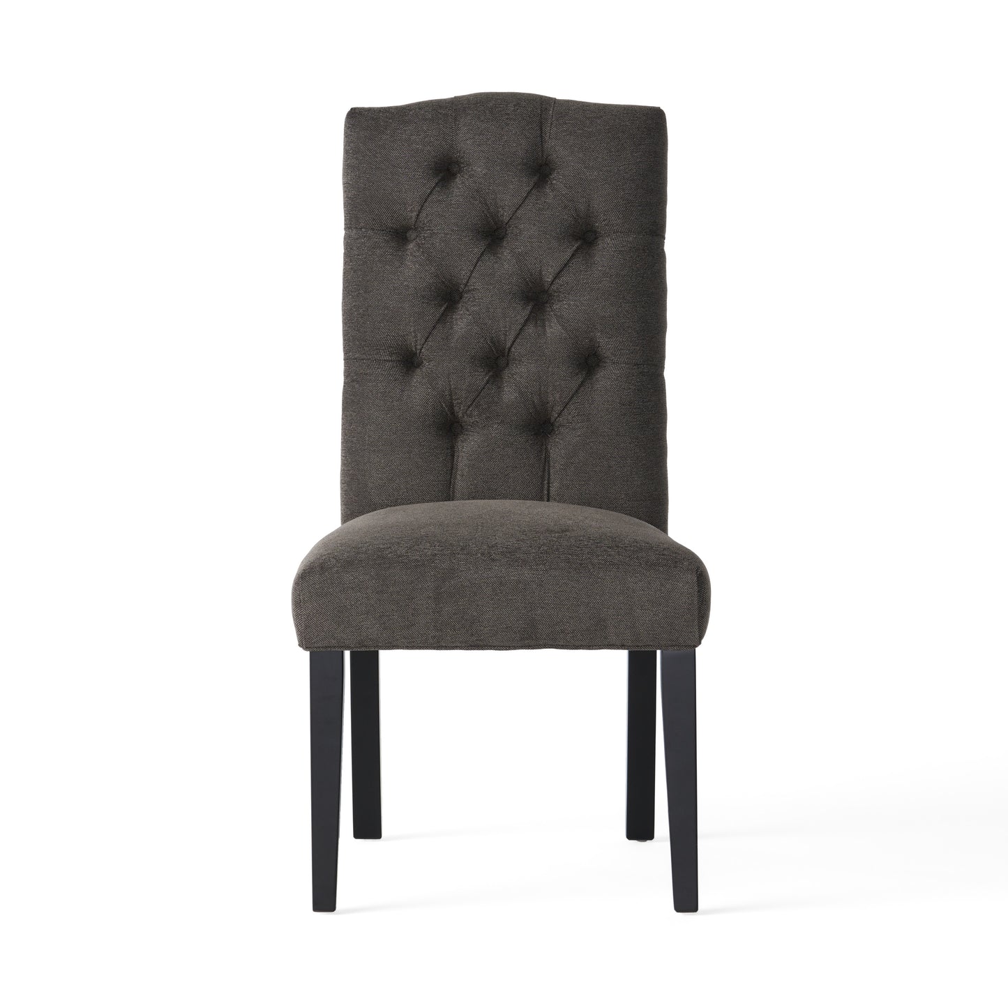 Dark gray upholstered dining chair with tufted back and black legs