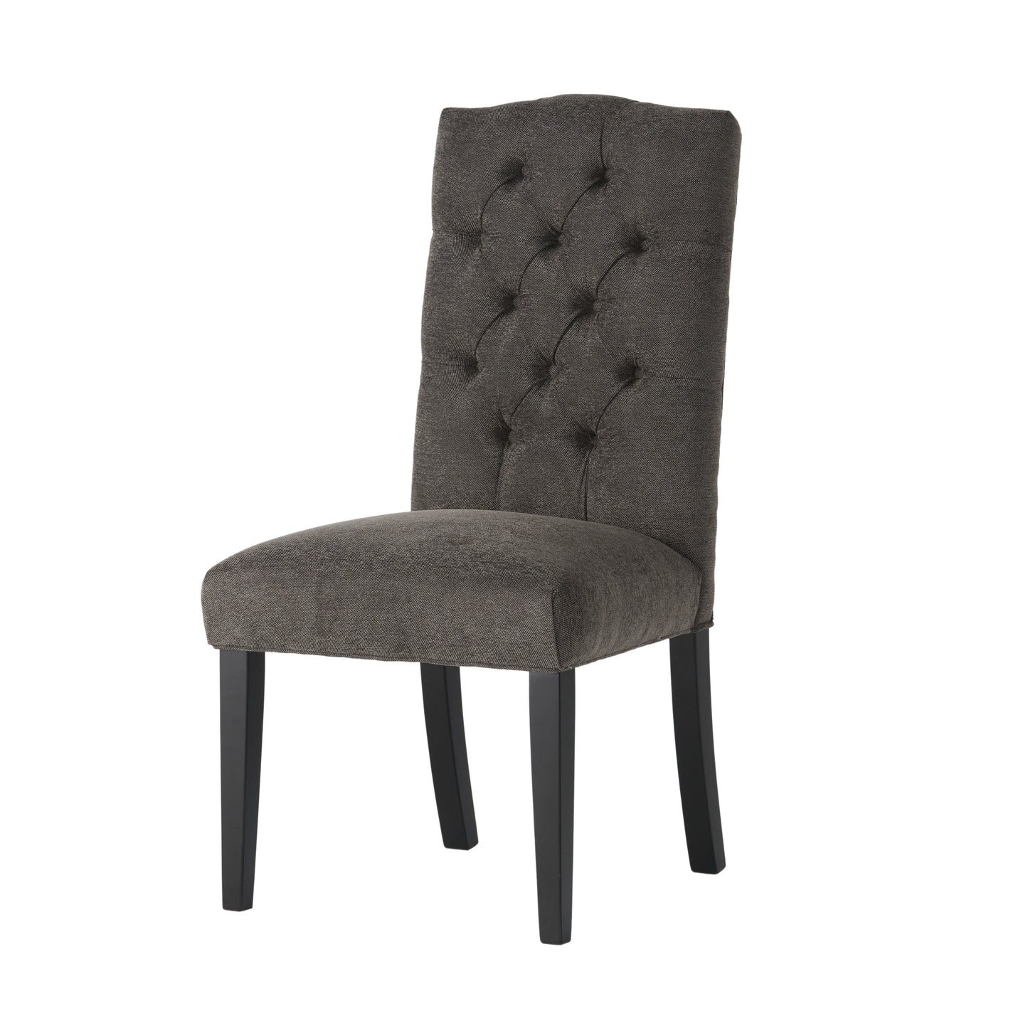 Charcoal grey upholstered dining chair with tufted back and dark wood legs