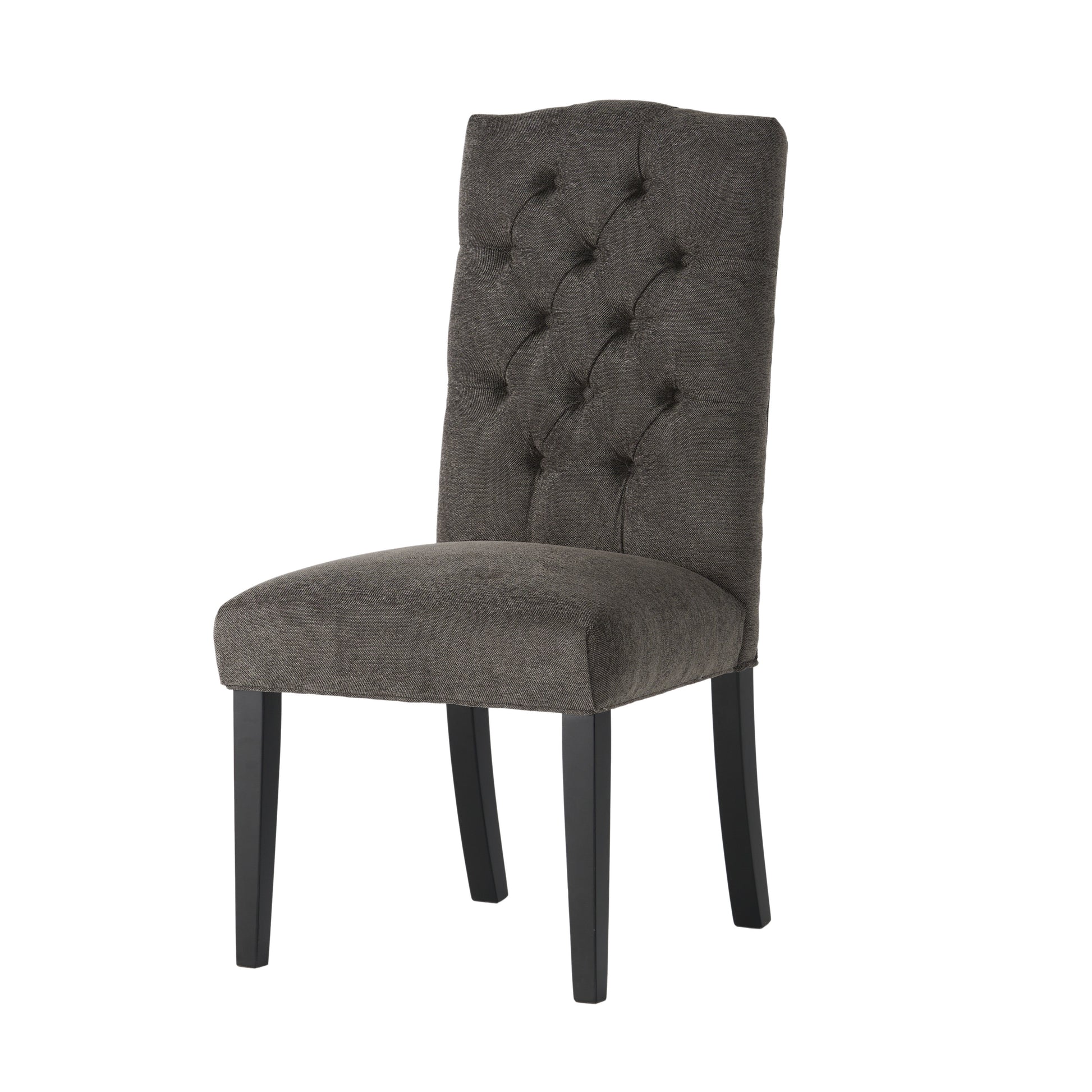 Charcoal grey upholstered dining chair with tufted back and dark wood legs