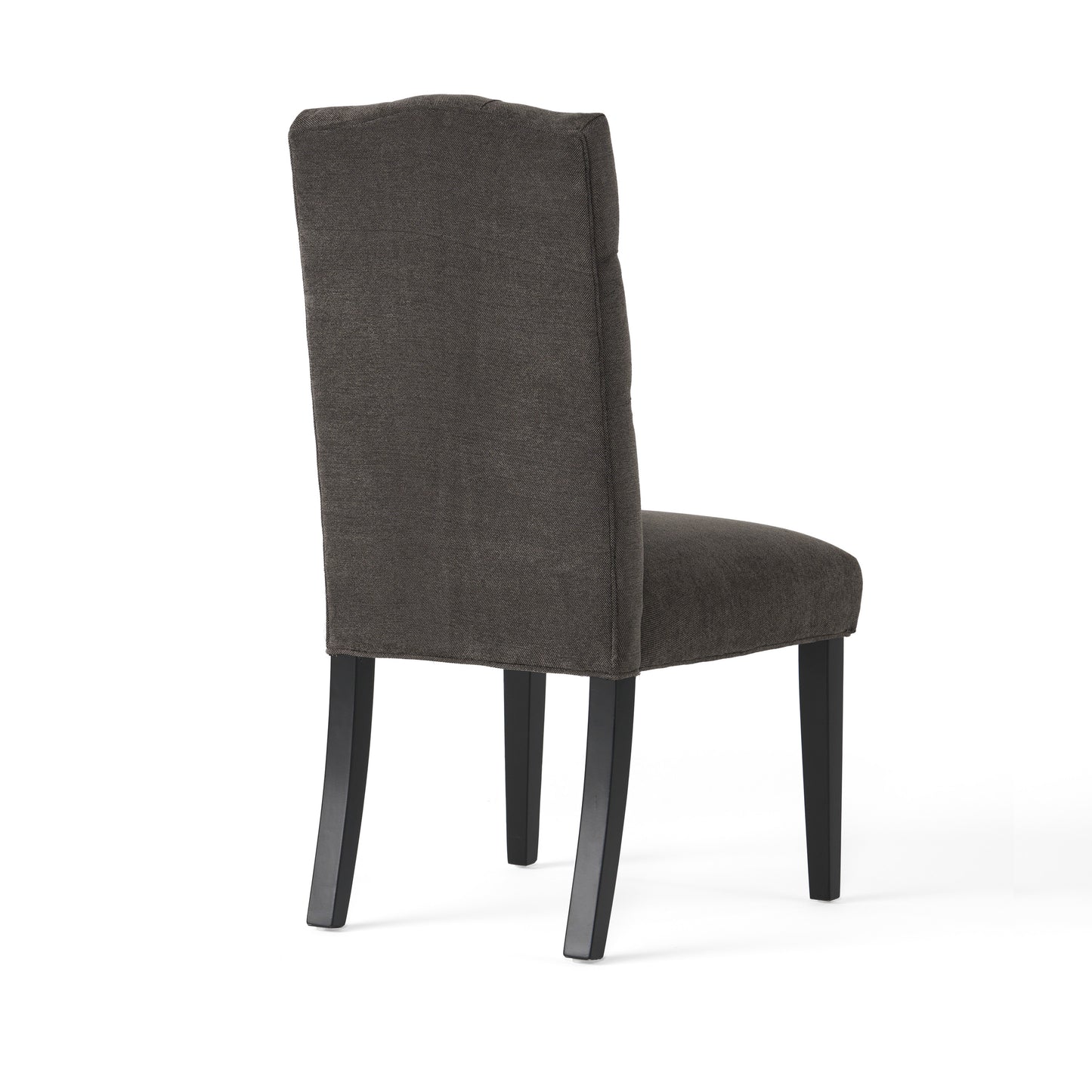 Dark gray upholstered dining chair with black tapered legs