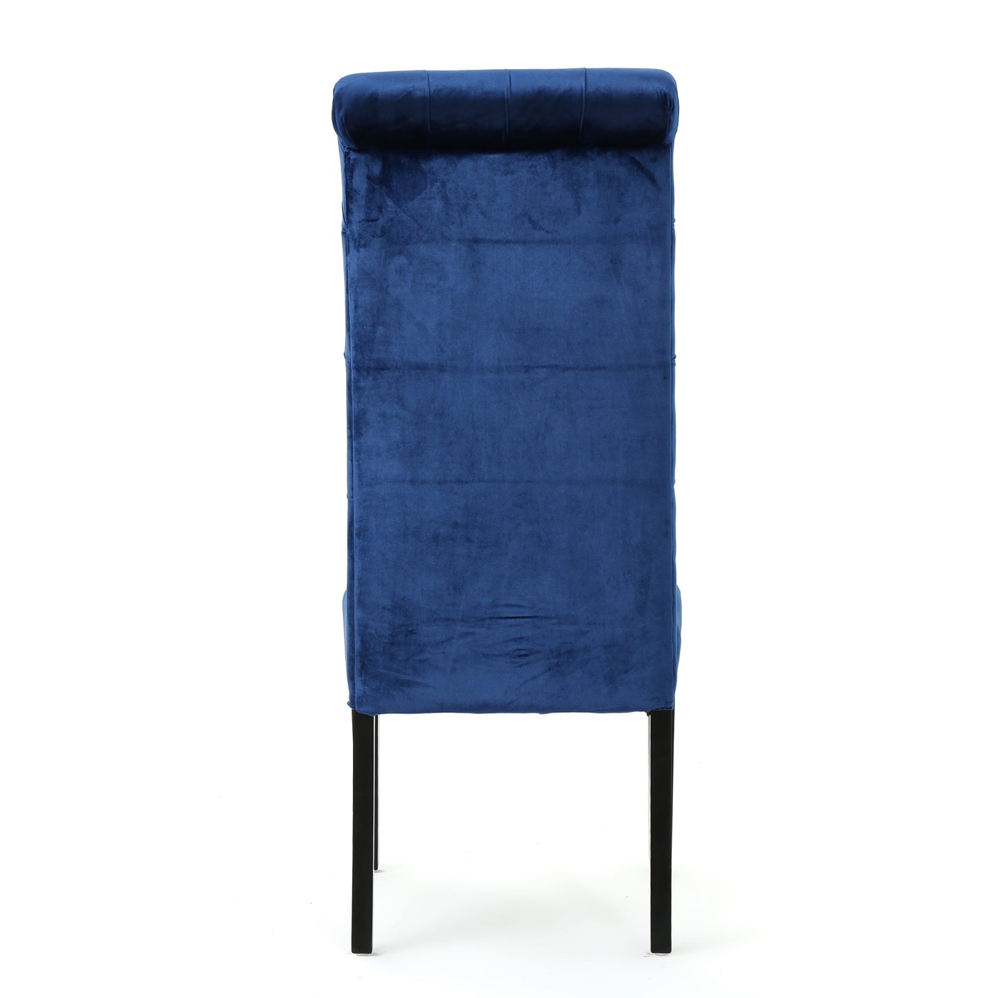Elegant navy blue velvet dining chair with tufted backrest and black legs