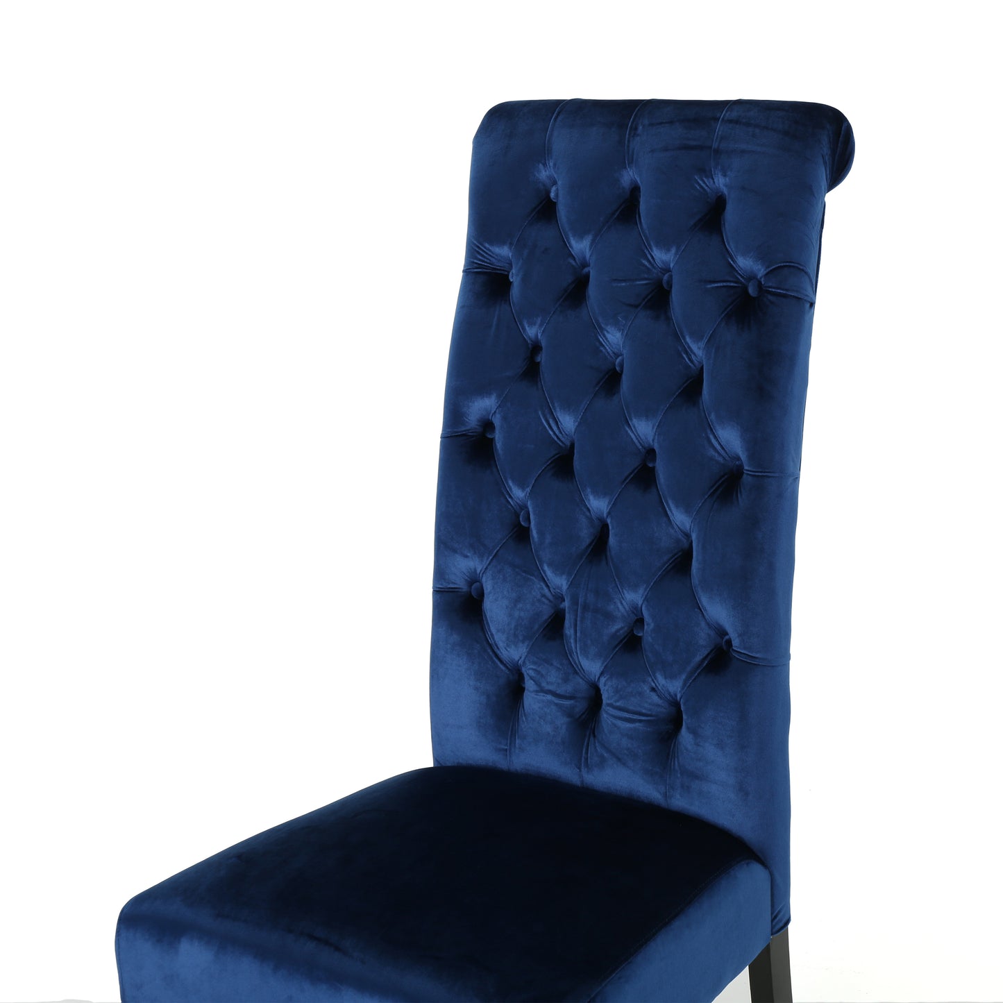 Navy blue velvet dining chair with deep tufted back and padded seat
