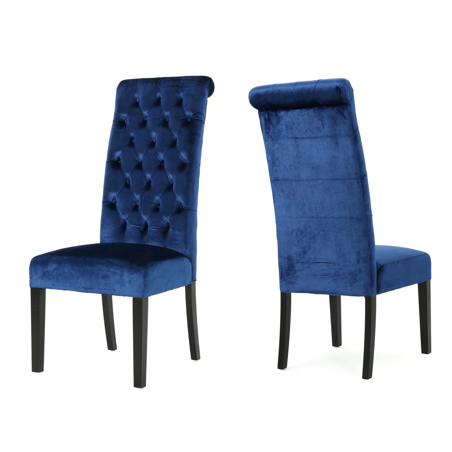 Navy blue velvet dining chair with tufted back and dark wood legs