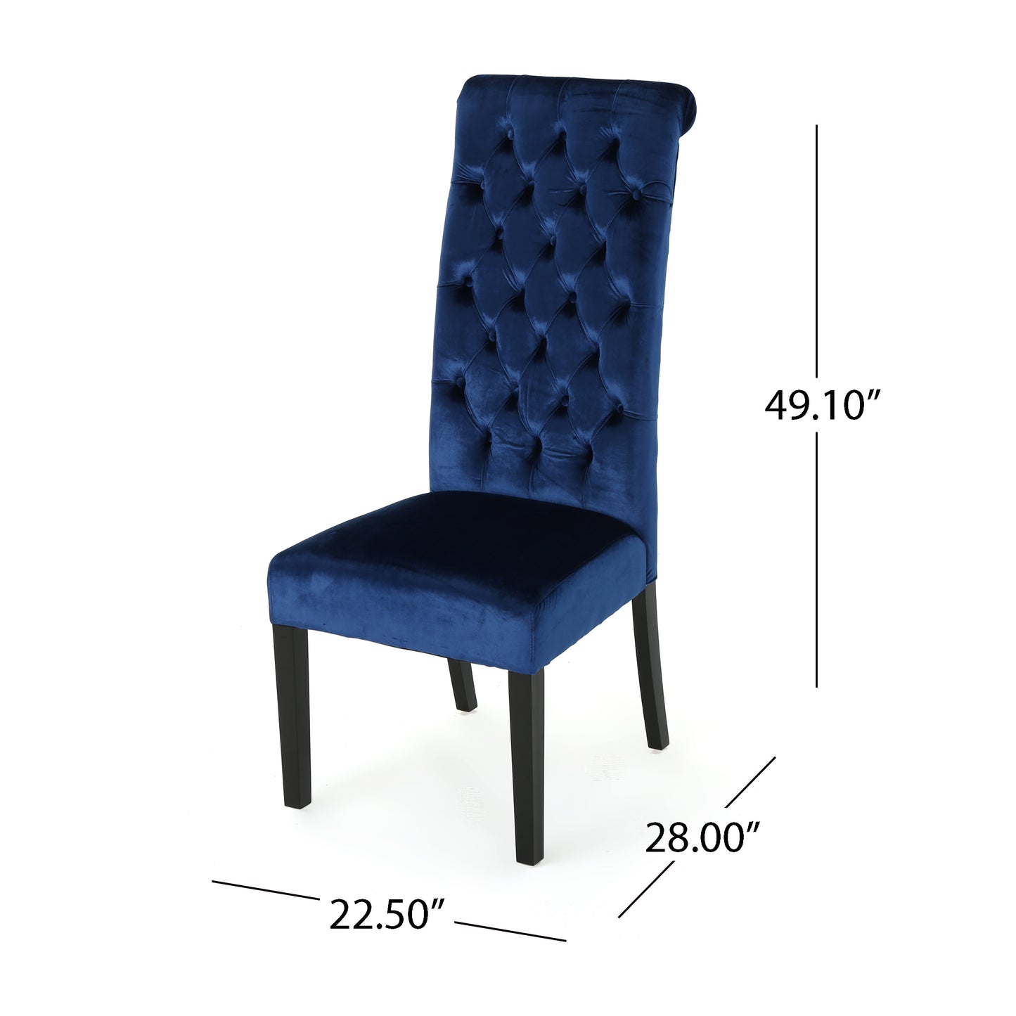 Deep navy velvet dining chair with button tufting and dark wooden legs