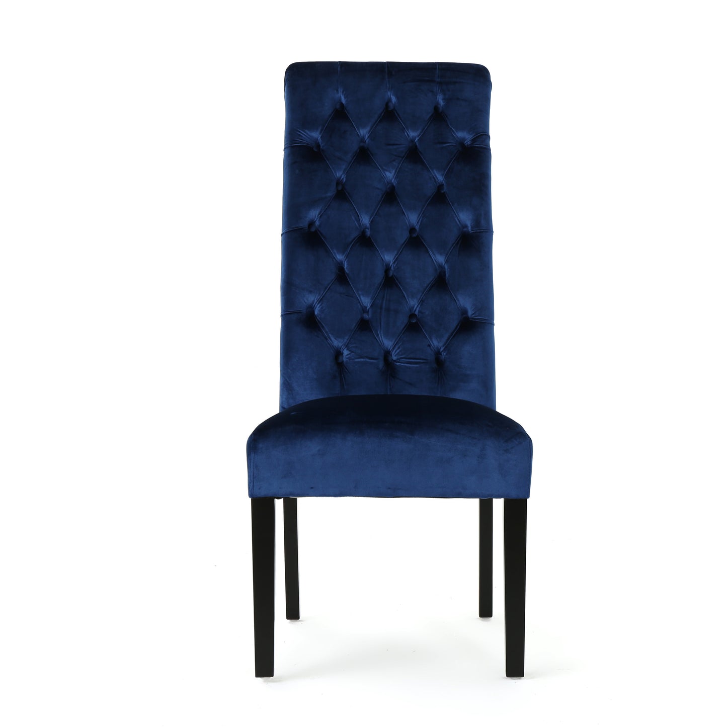 Tall navy blue velvet dining chair with tufted back and dark wood legs