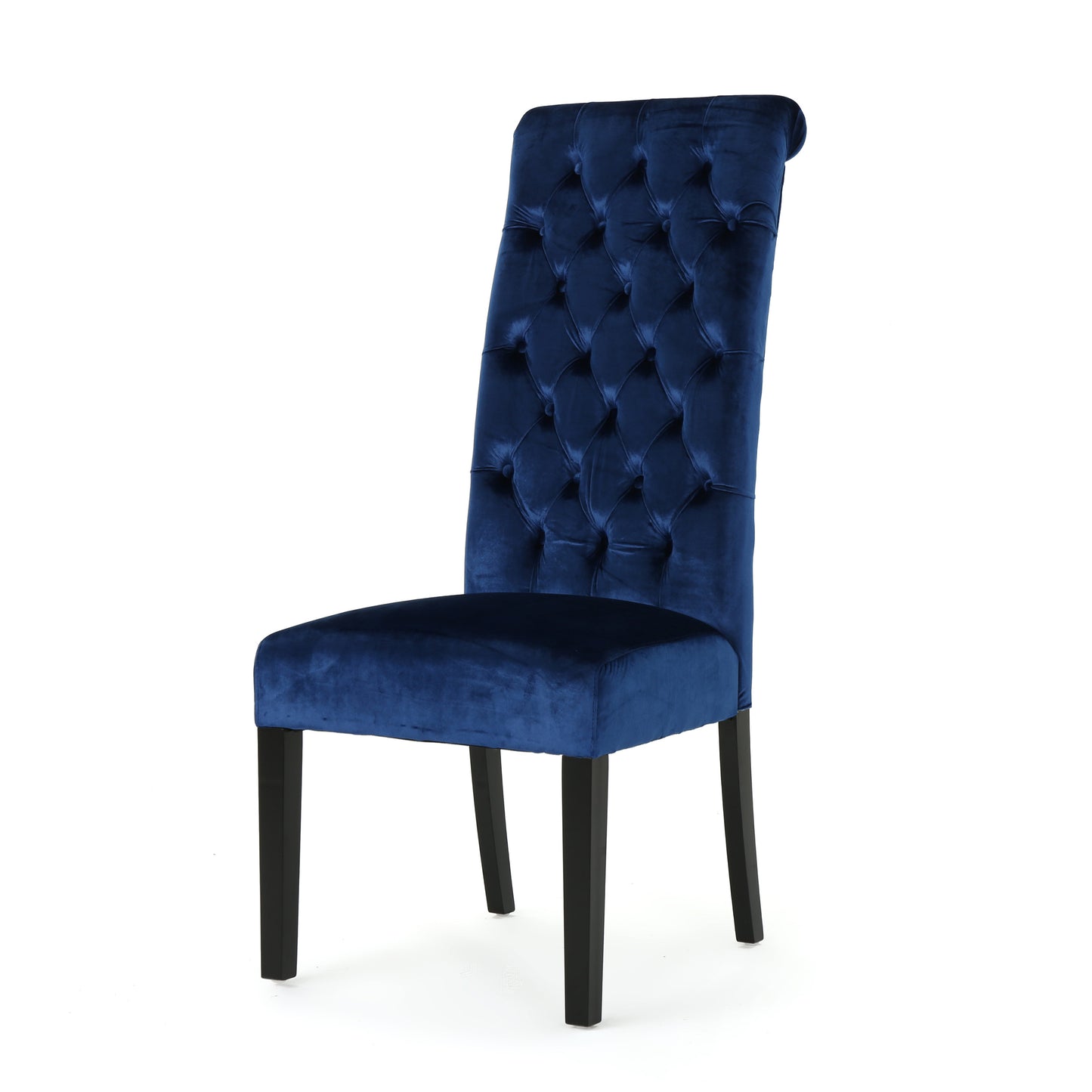Tufted navy velvet dining chair with dark wood legs