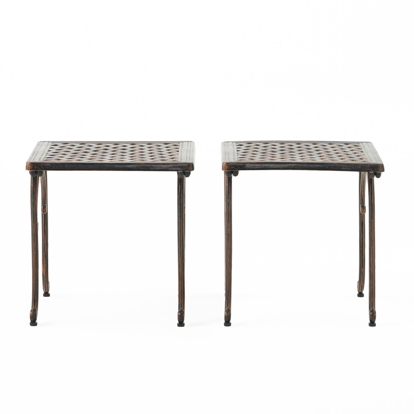 Two antique bronze metal side tables with intricate lattice tops and curved legs