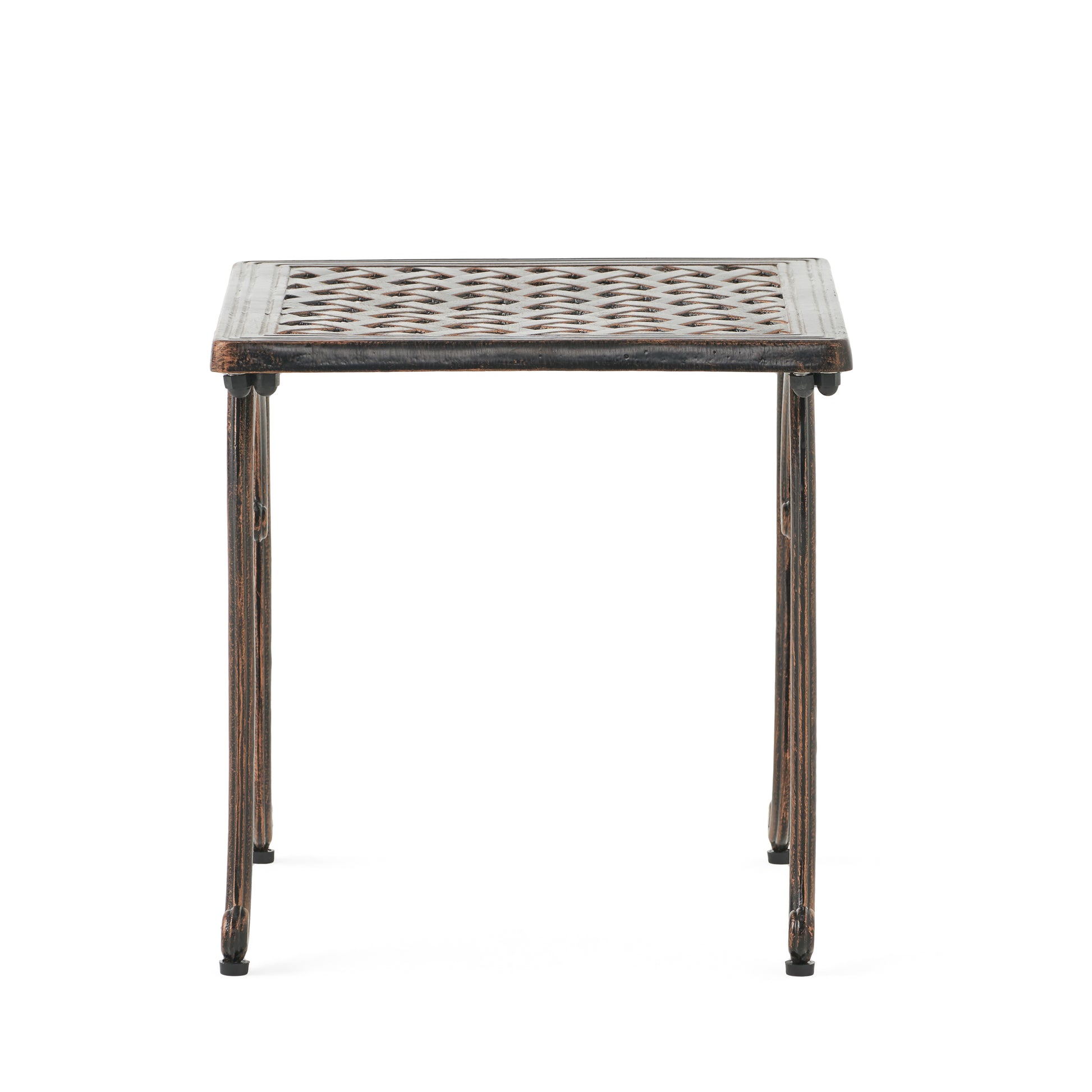 Ornate bronze metal side table with intricate woven pattern top suitable for patio decor
