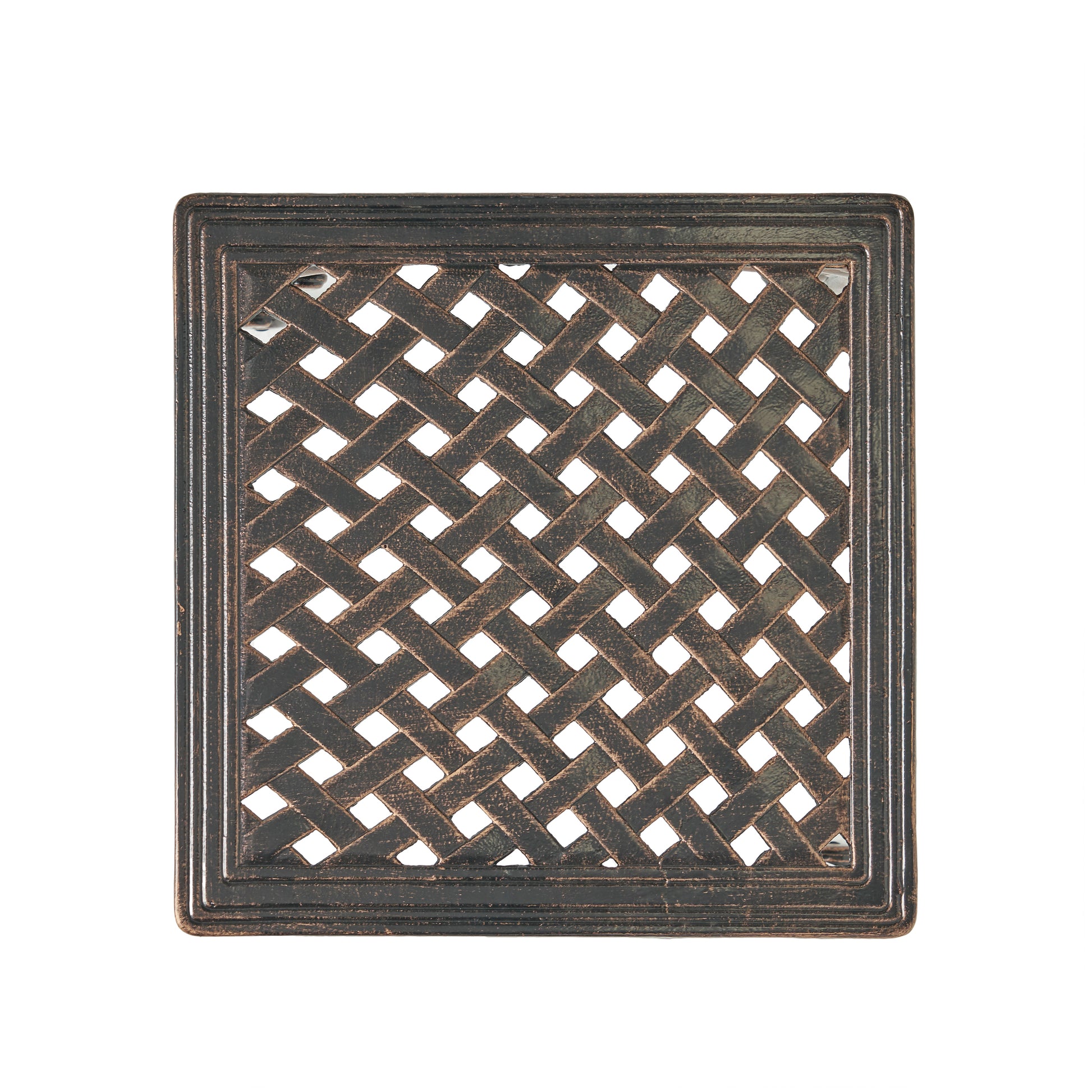 Bronze lattice pattern patio table top with antiqued finish outdoor decor