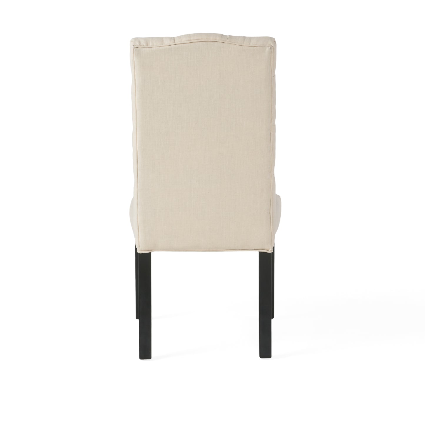 Upholstered beige dining chair with dark wood legs classic tufted backrest