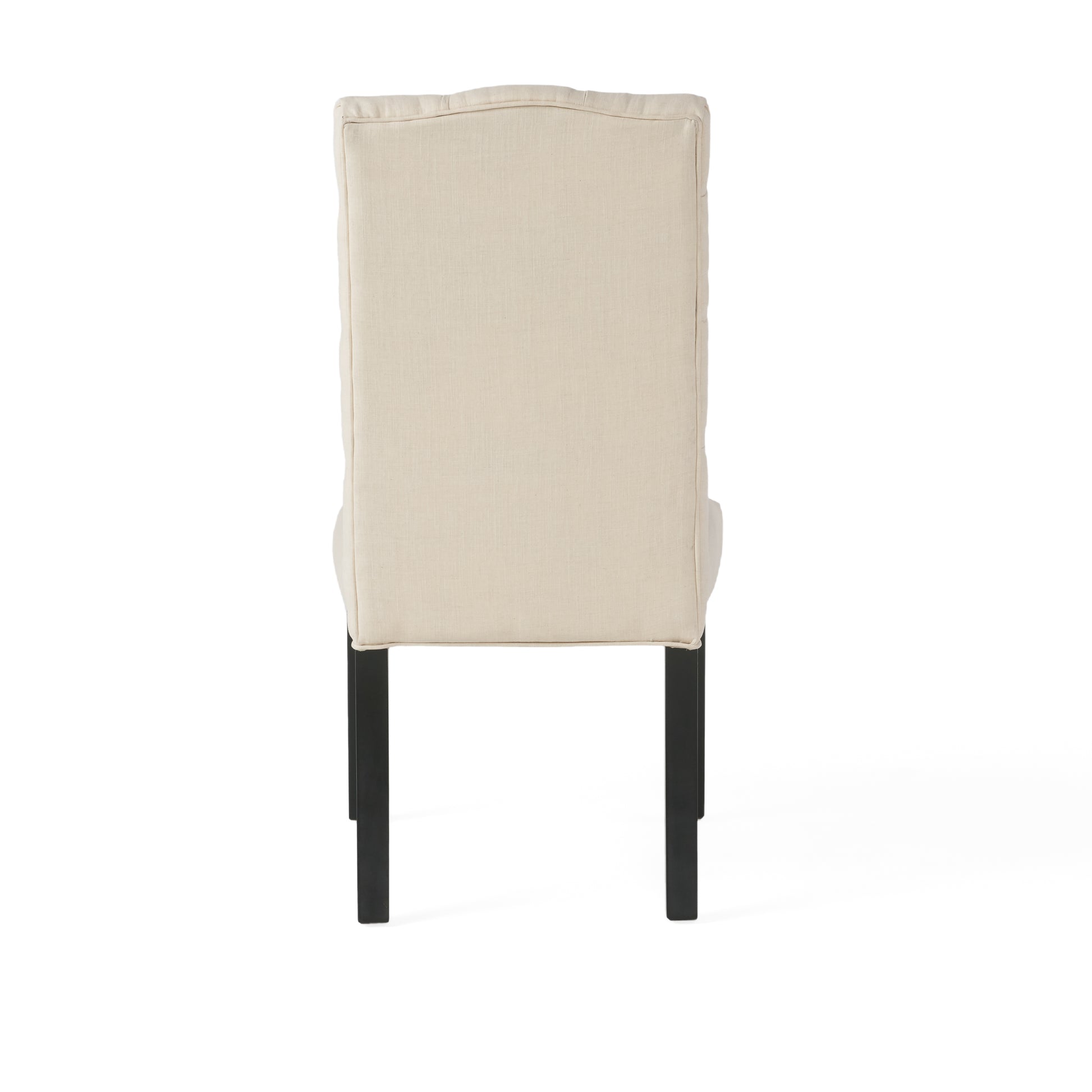 Upholstered beige dining chair with dark wood legs classic tufted backrest