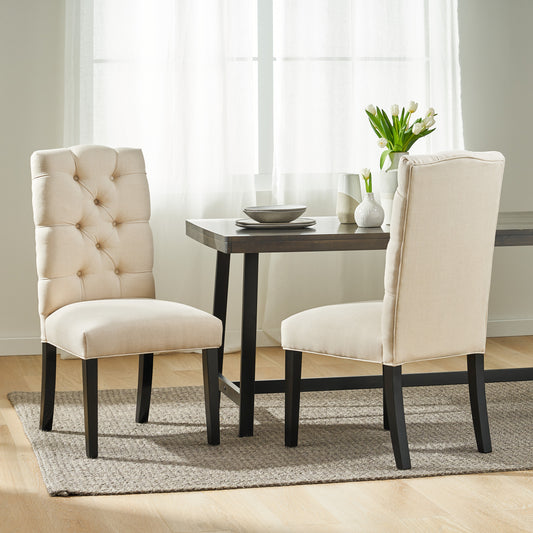 Tufted beige fabric dining chair with dark wood legs elegant and comfortable