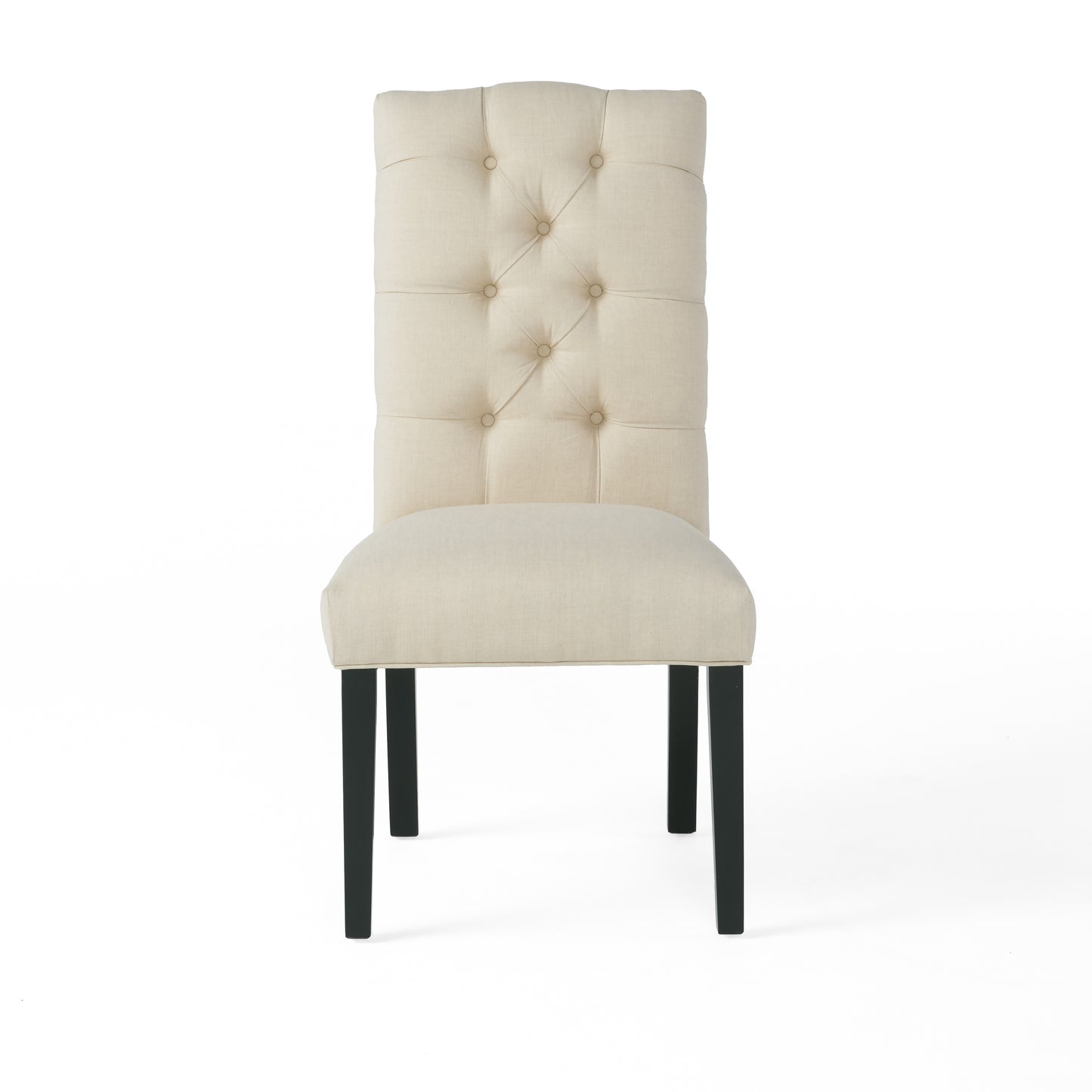 Tufted cream linen dining chair with button tufting and dark espresso legs