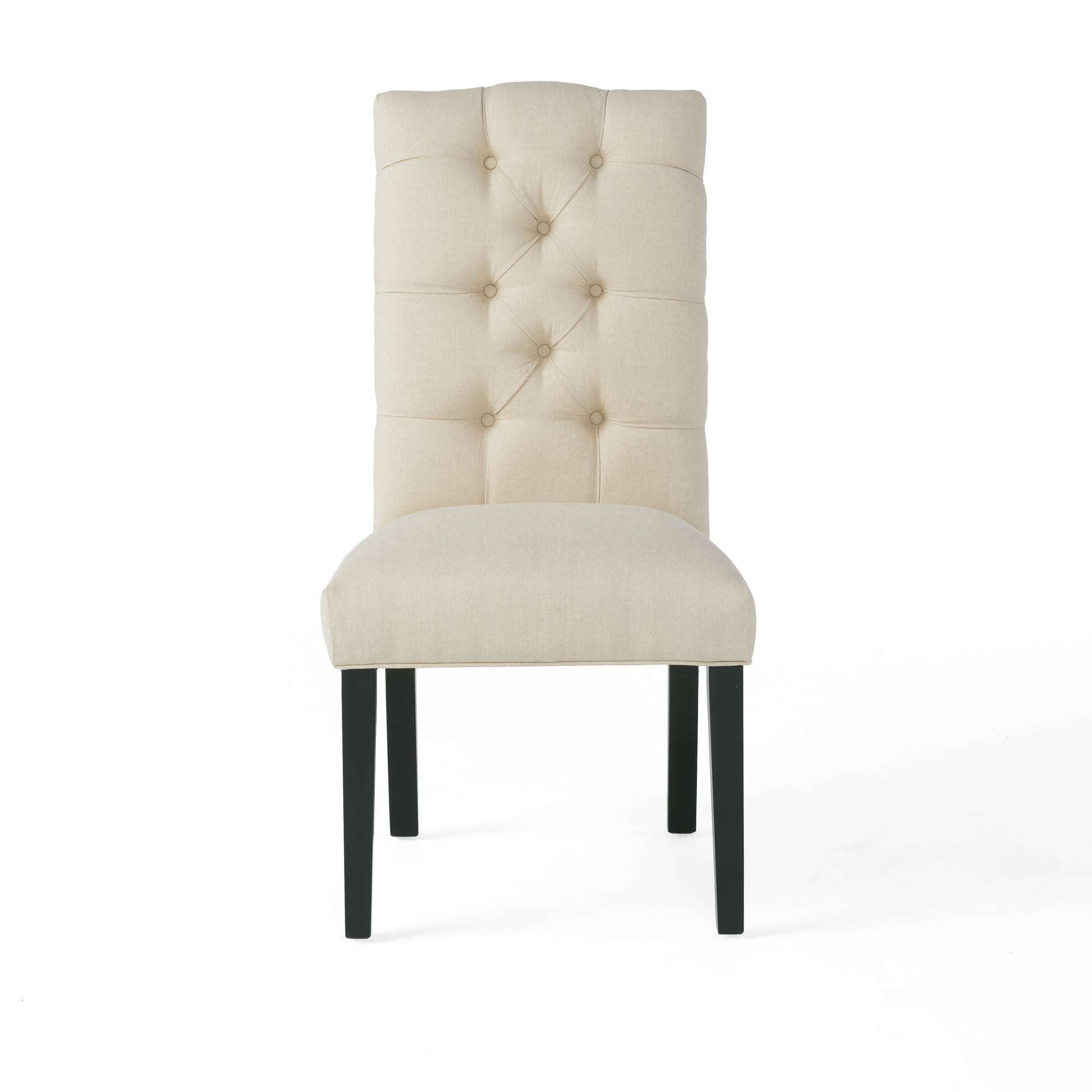 Tufted cream linen dining chair with button tufting and dark espresso legs