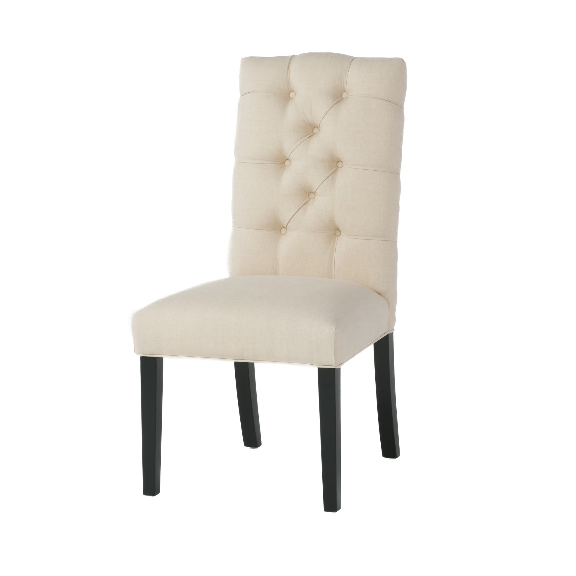 Tufted back cream upholstered dining chair with dark wooden legs