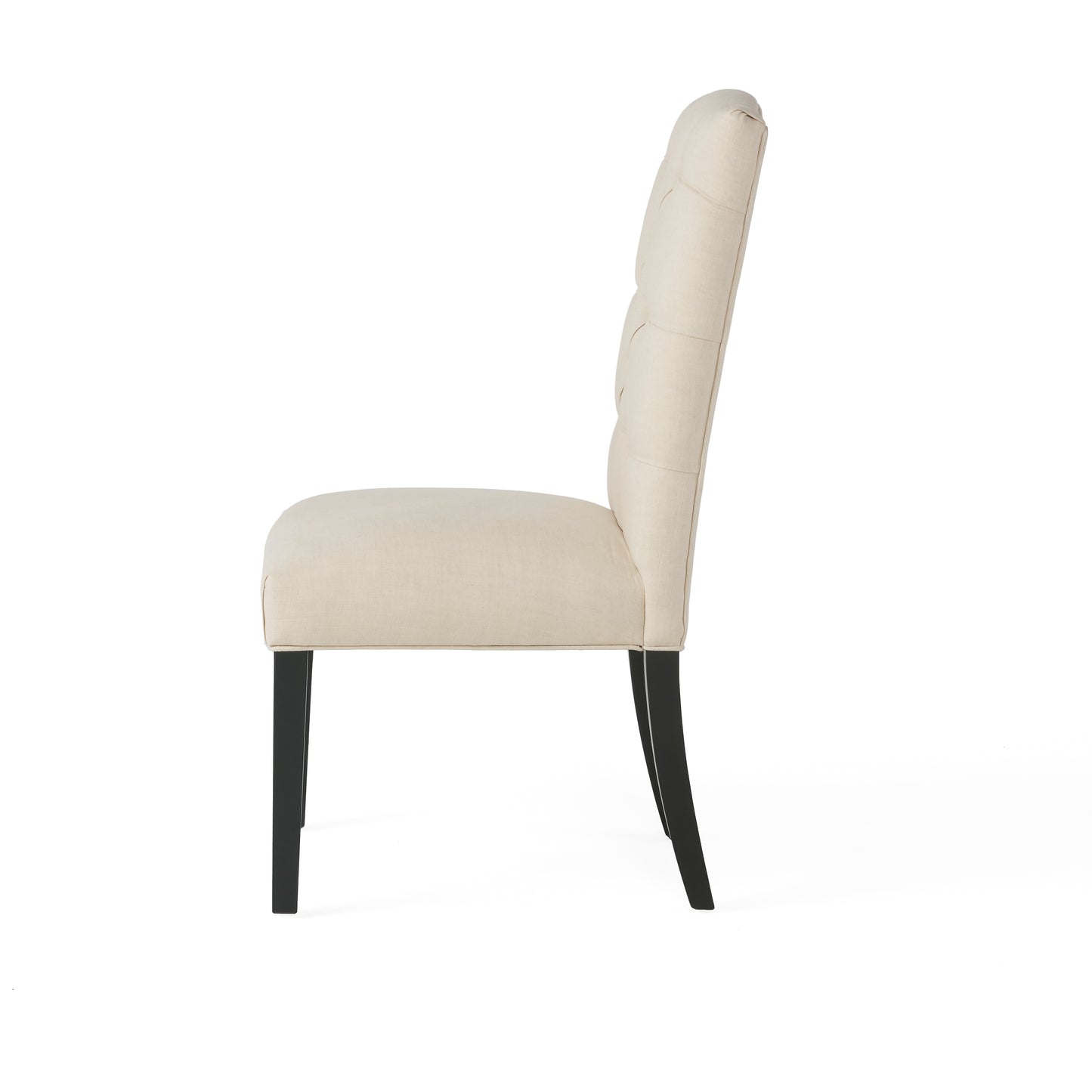 Tufted back cream linen dining chair with dark wooden legs