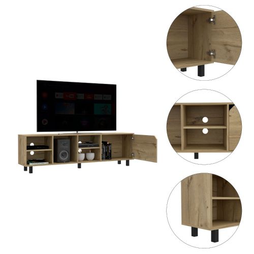 Wooden media console with open shelving and cabinet doors holding electronics and decor