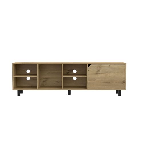 Light oak wood TV stand with open shelves and a cabinet