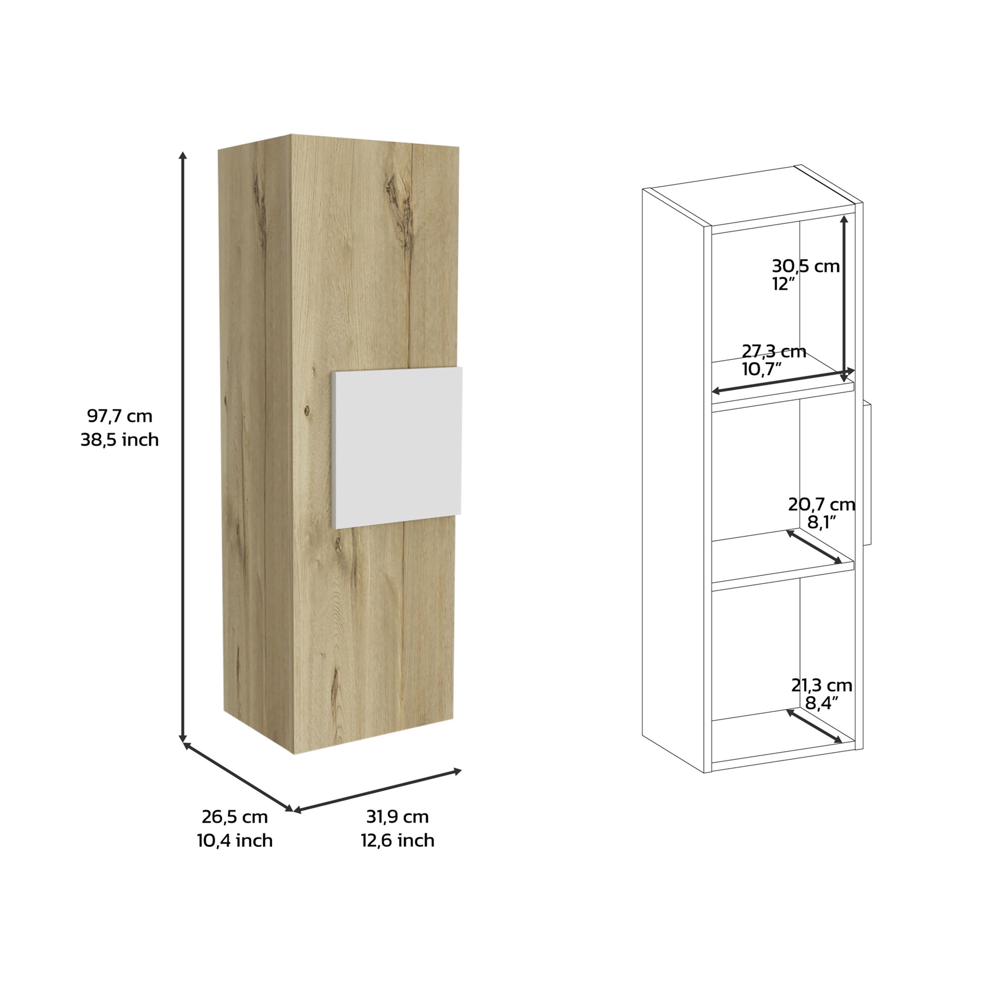 Tall wood grain cabinet with a white drawer front and interior shelving dimensions shown