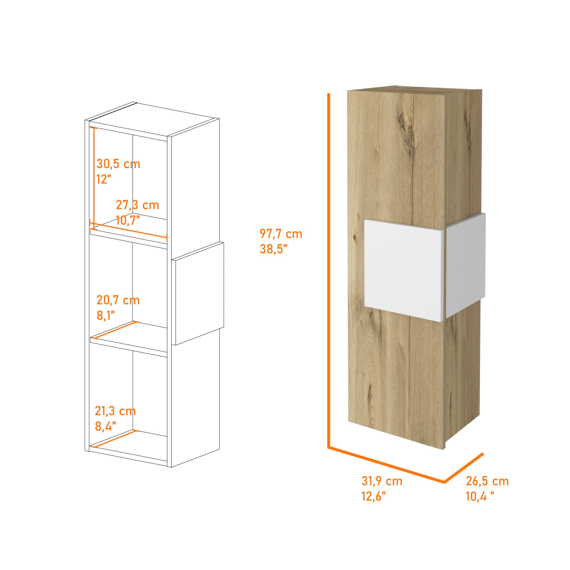 Tall narrow wood veneer cabinet with white accent panel dimensions shown